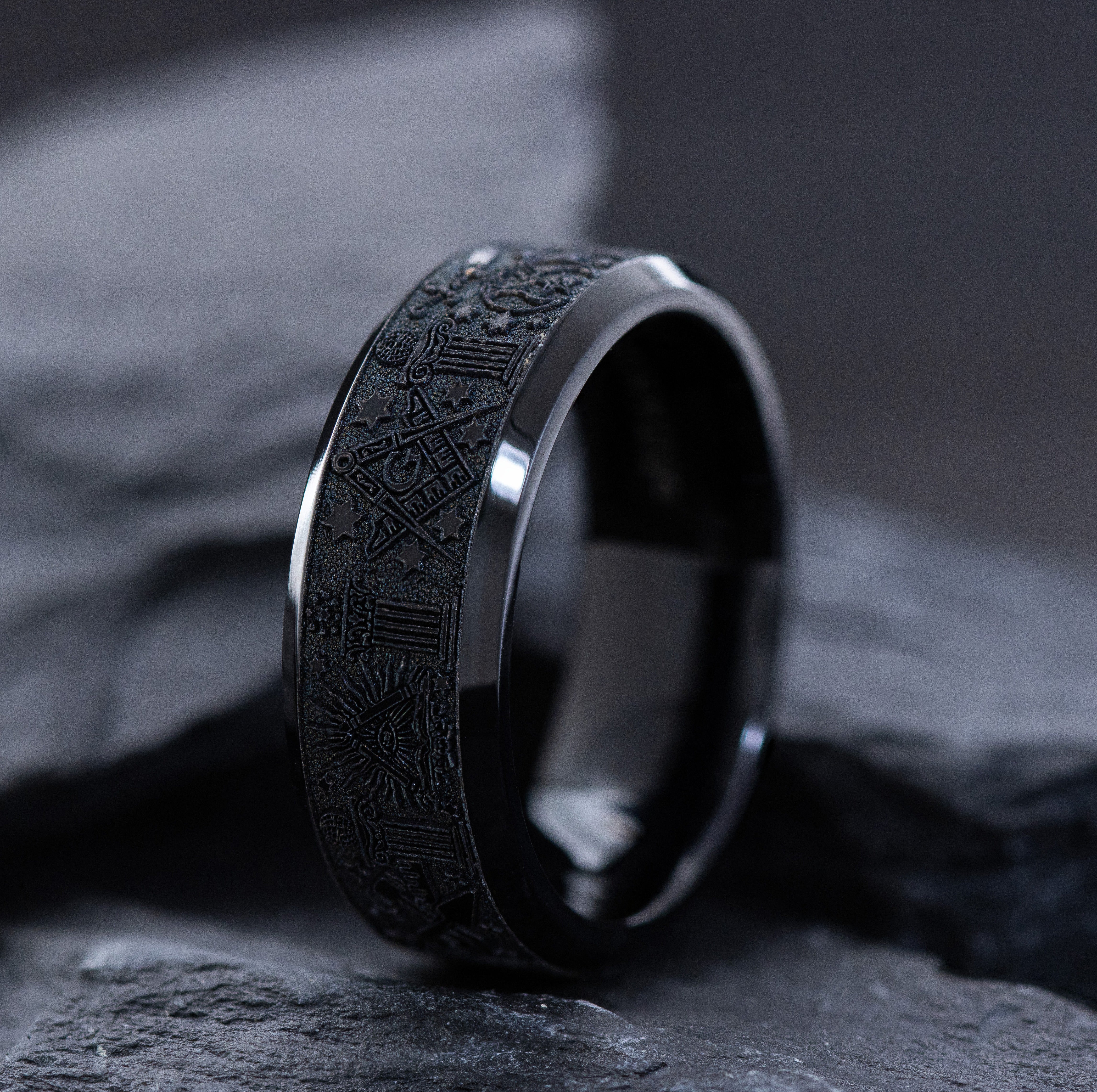 Black on Black 8mm Titanium Ring with Deep Engraved Masonic Symbolism