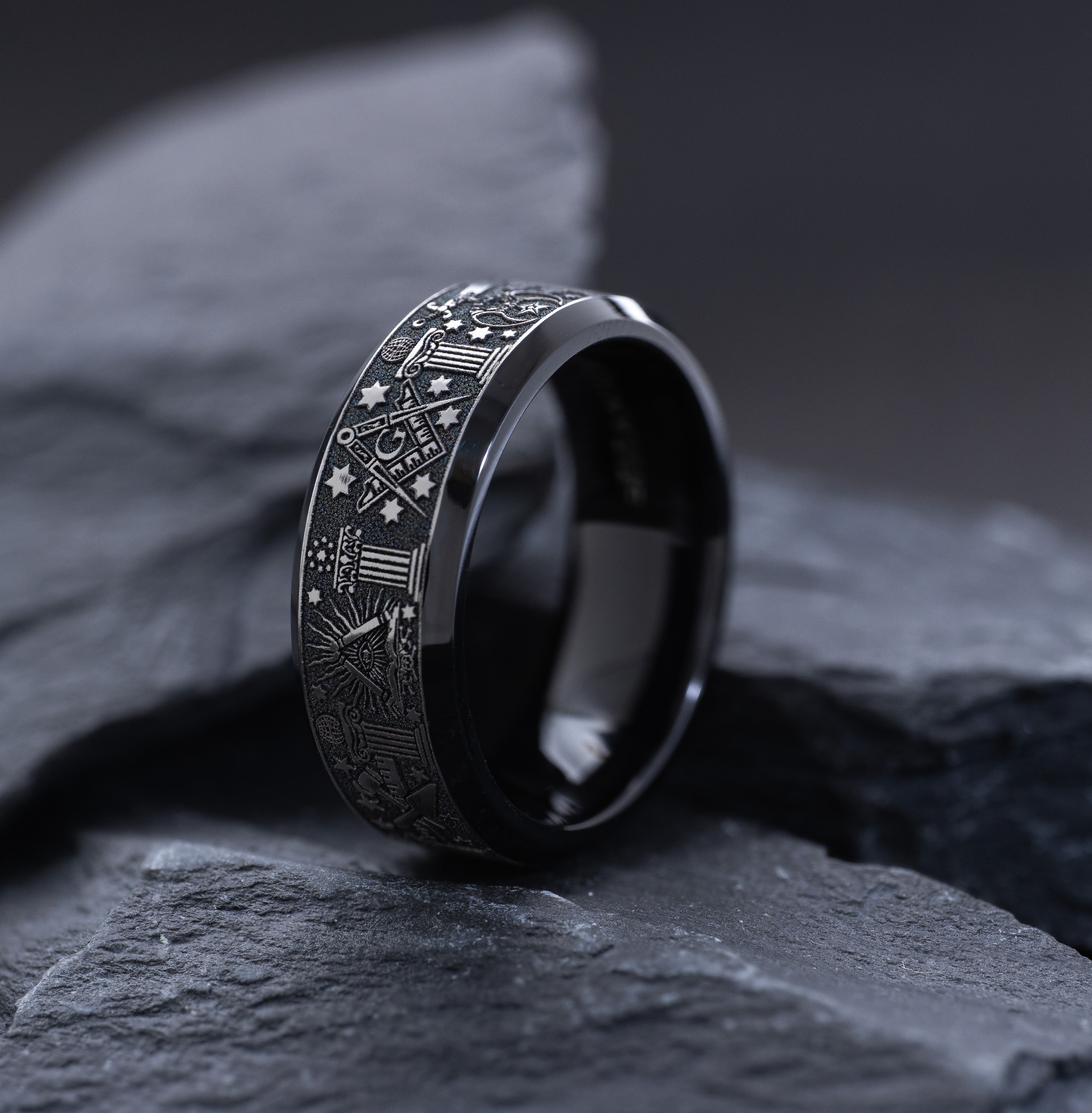 8mm Black Titanium Band with Deep Engraved Masonic Symbols
