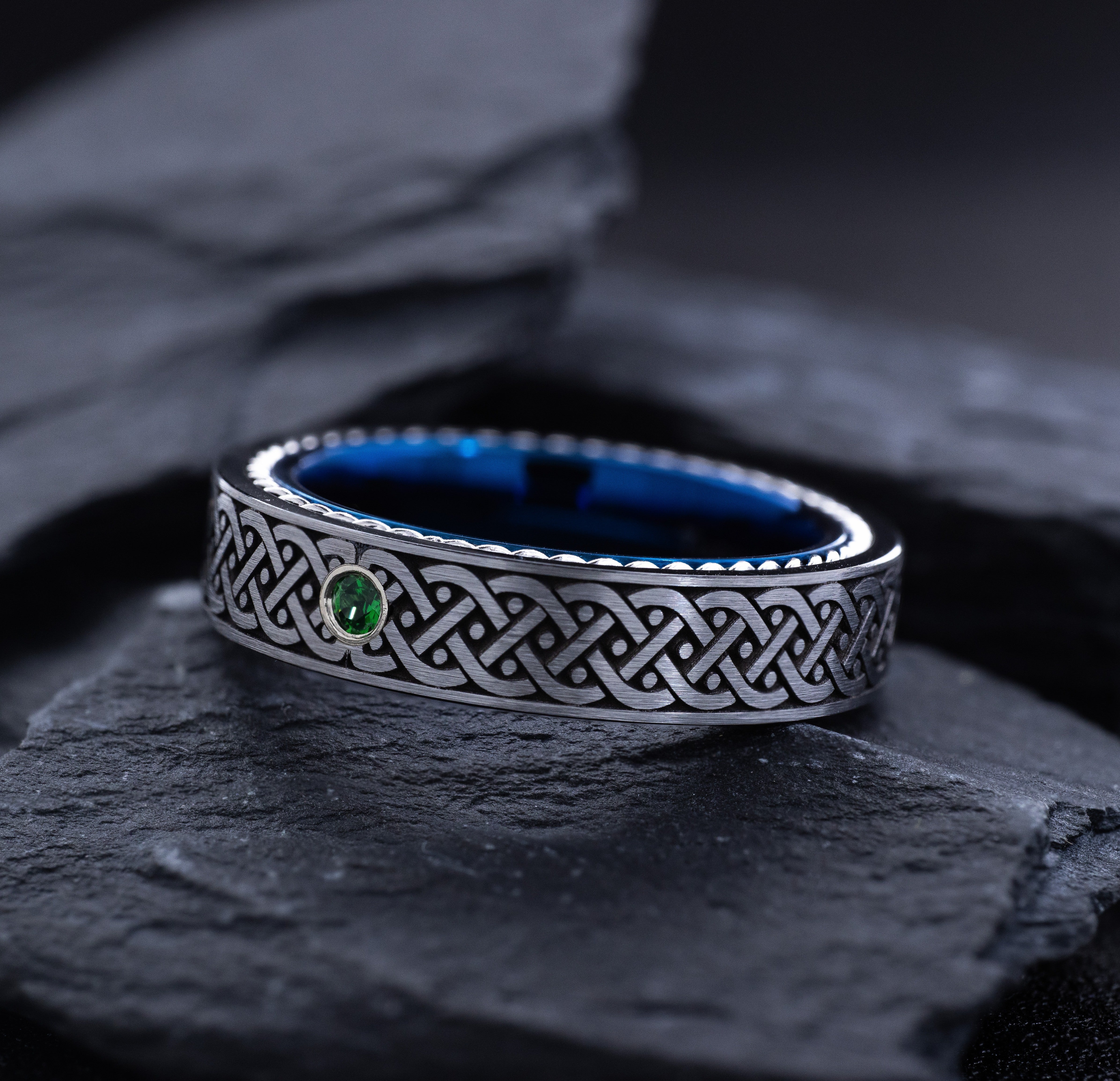 Blue 6mm Tungsten Carbide Ring With Deep Engraved Celtic Knots, Twisted Rope Edges, and Custom Birthstone