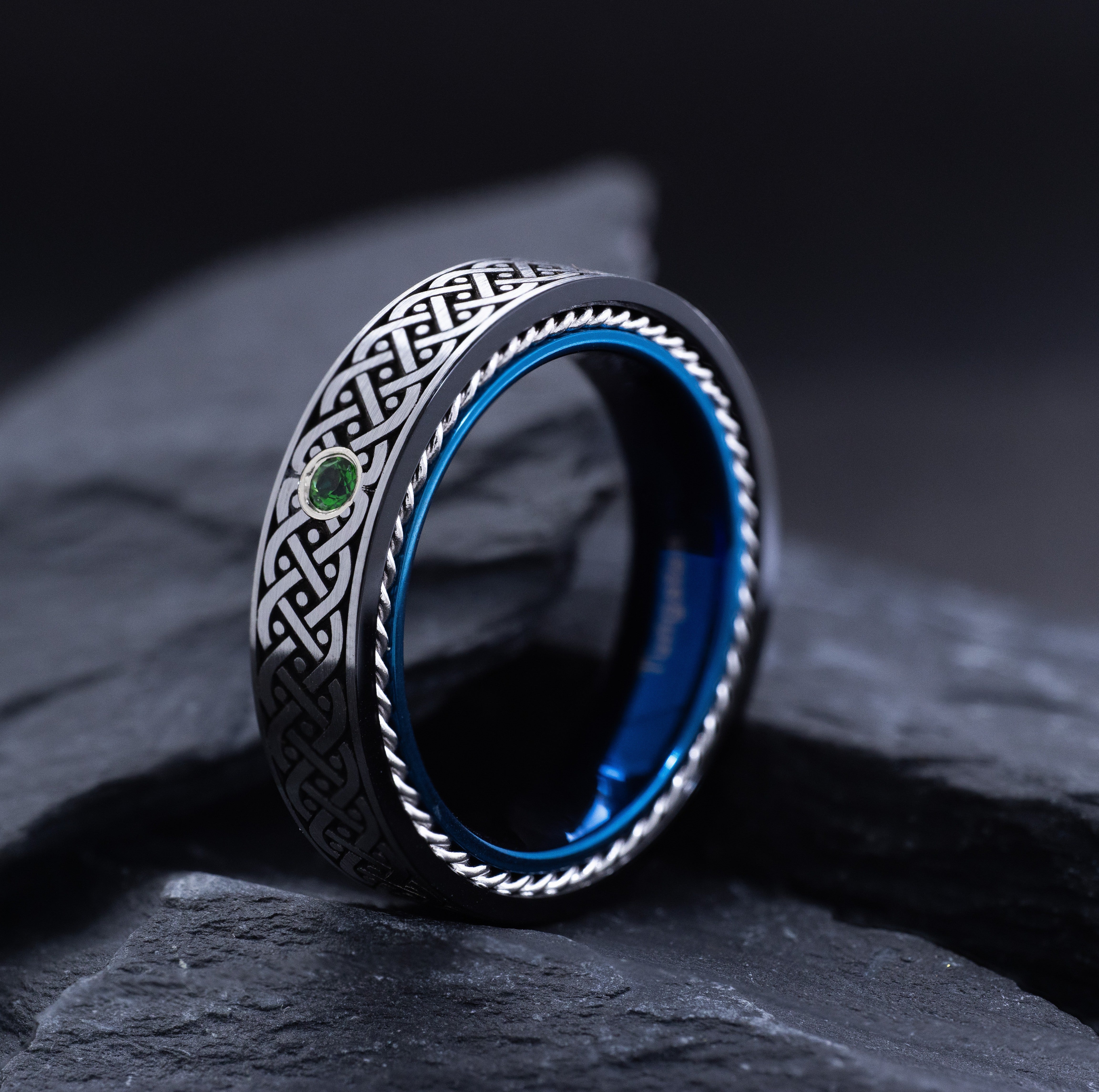 Blue 6mm Tungsten Carbide Ring With Deep Engraved Celtic Knots, Twisted Rope Edges, and Custom Birthstone
