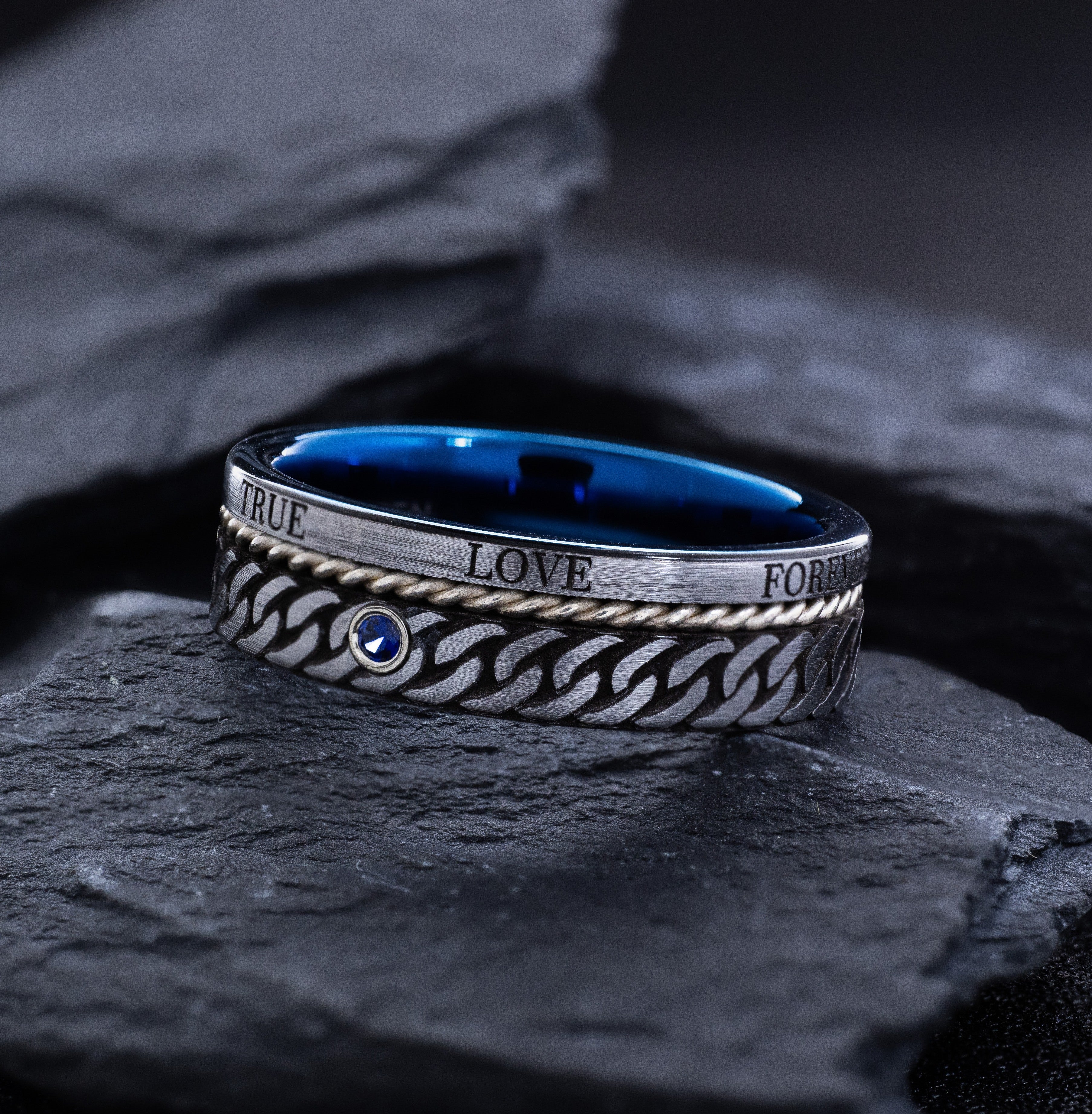7mm Blue Tungsten Carbide Band with Braided Rope, Deep Engraved Celtic Knot, Birthstone, and Romantic Engravings