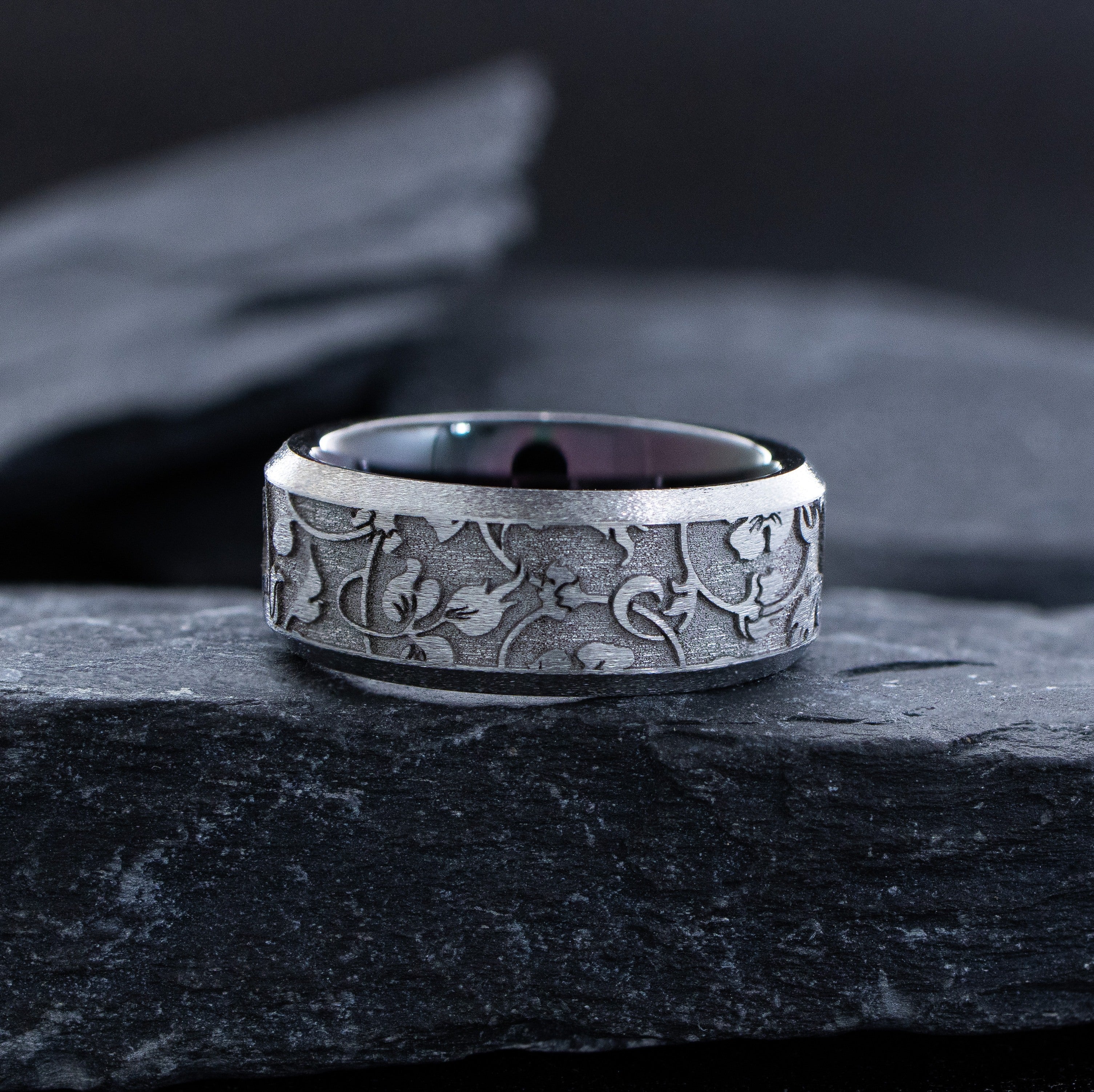 Edwardian Deep Engraved Tungsten Carbide Ring, 8mm Band with Floral Engravings