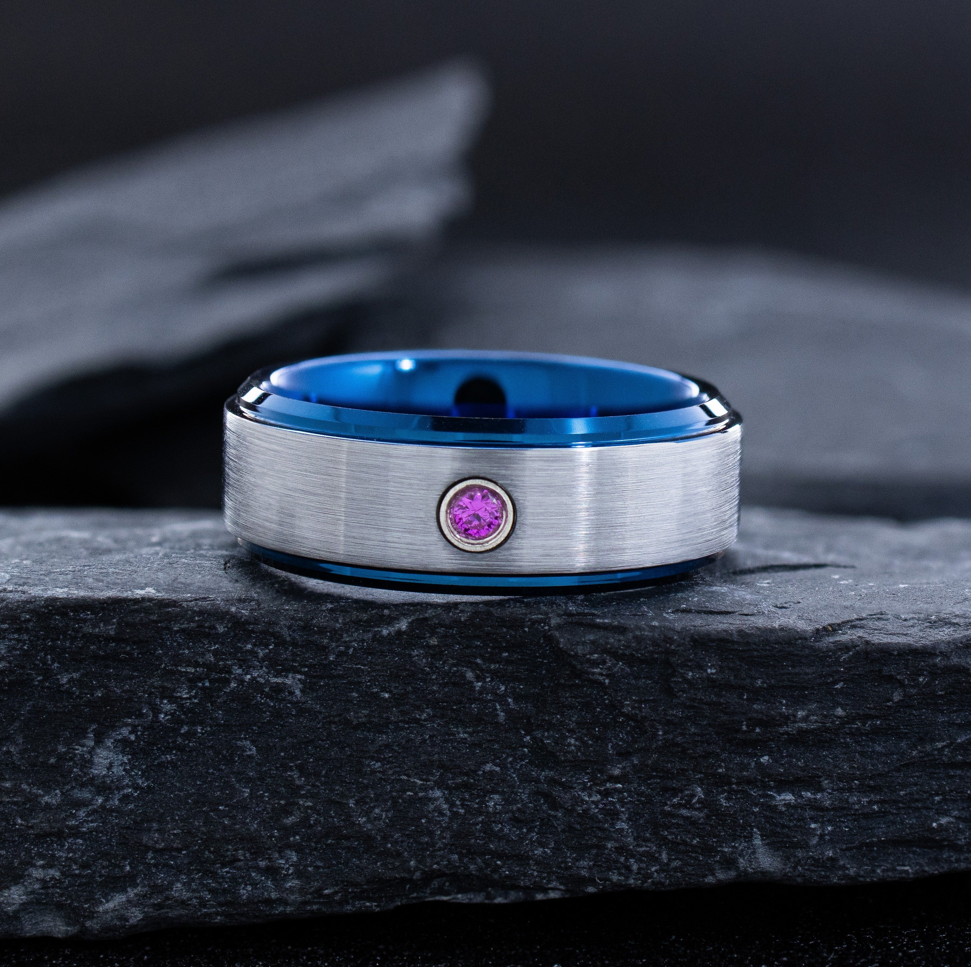 8mm Blue and Silver Tungsten Carbide Ring with Birthstone