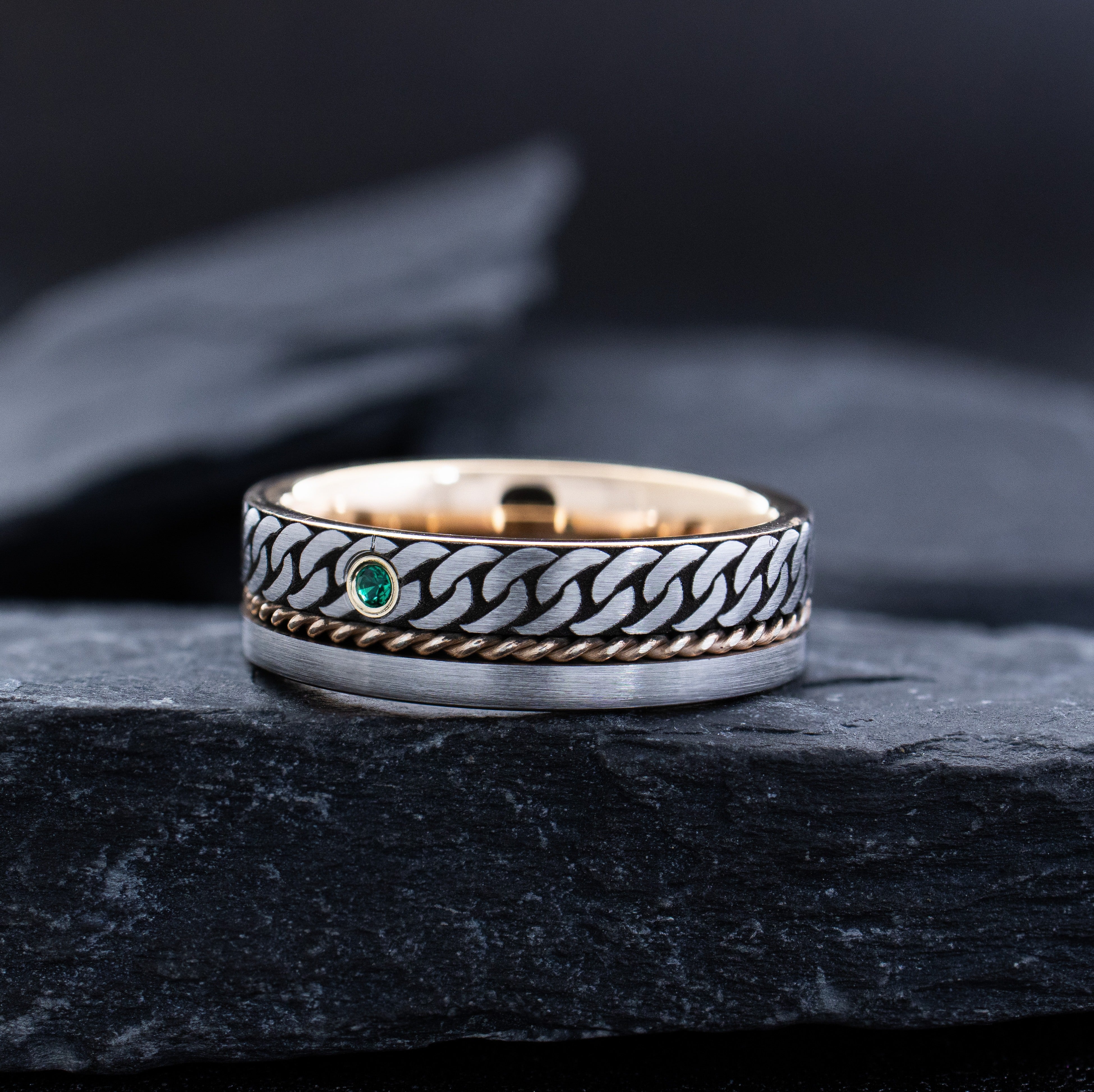 7mm Tungsten Carbide Ring with Rose Gold Rope, Celtic Chain Engraving & Gemstone