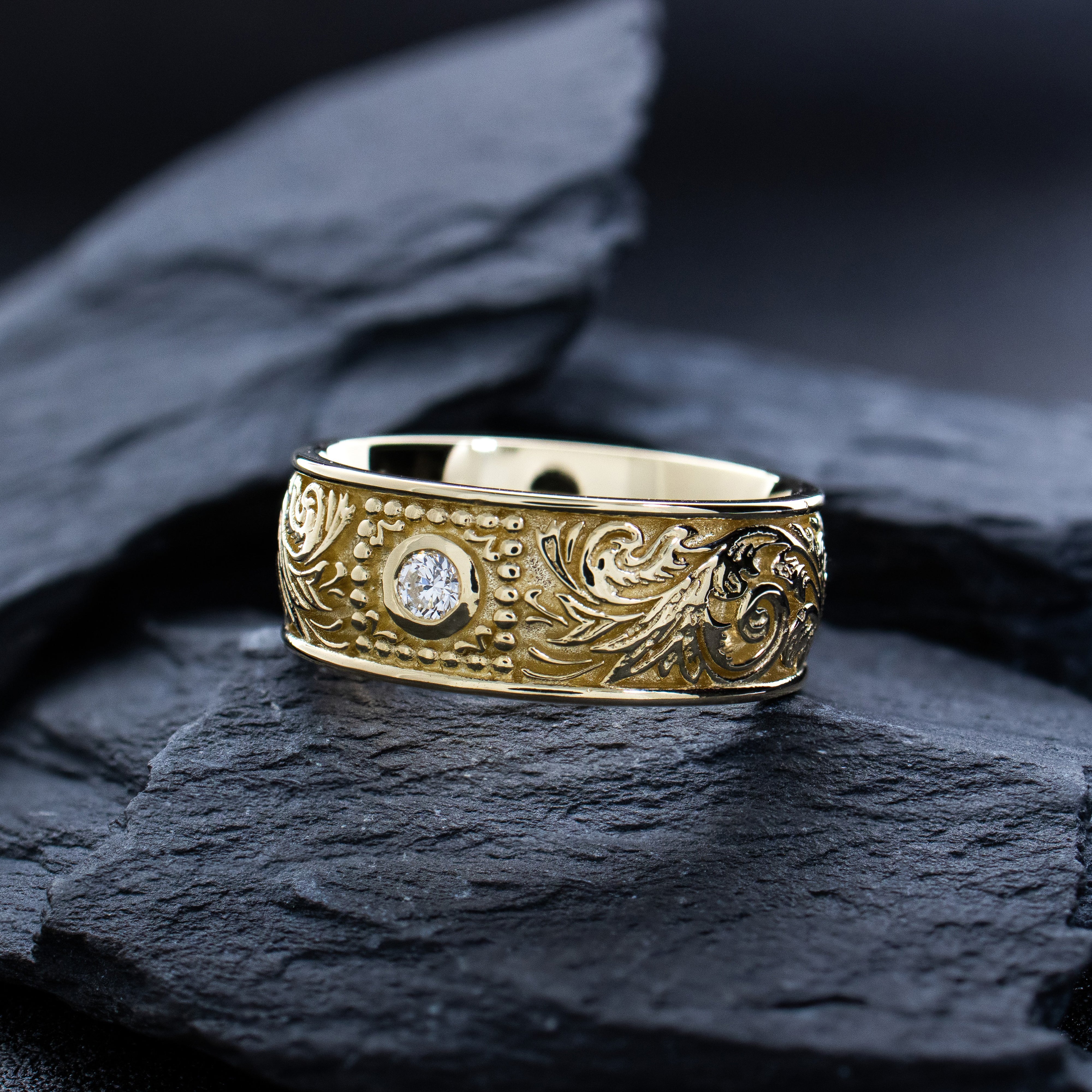 8mm Custom Made, Dome Shaped, Solid Yellow Gold Ring with Victorian Style Engravings and Round Shaped Diamond