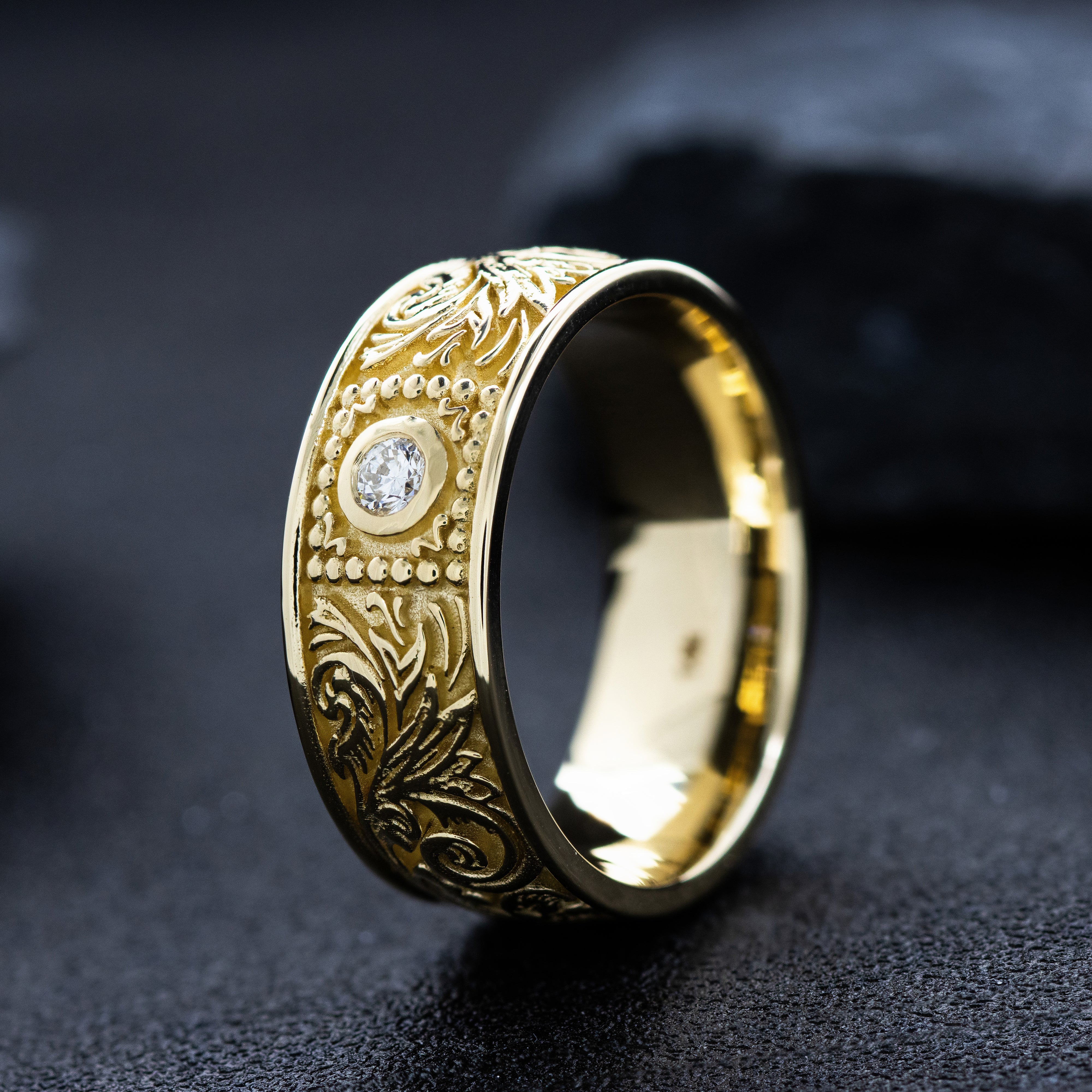 8mm Custom Made, Dome Shaped, Solid Yellow Gold Ring with Victorian Style Engravings and Round Shaped Diamond