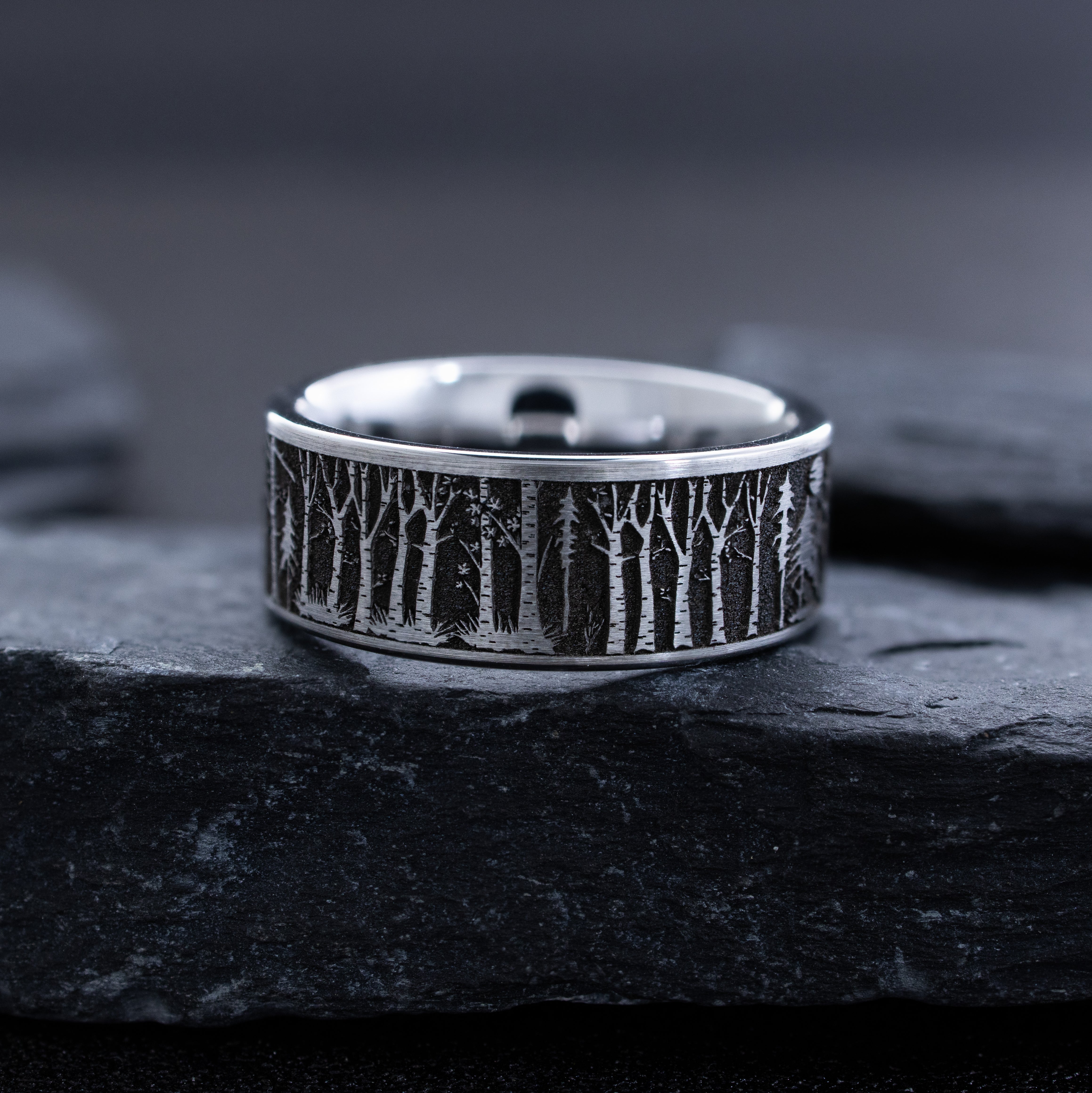 Forest Woodland and Elk Deep Engraved Tungsten Carbide Ring, 9mm Wedding Band Inspired by the Outdoors