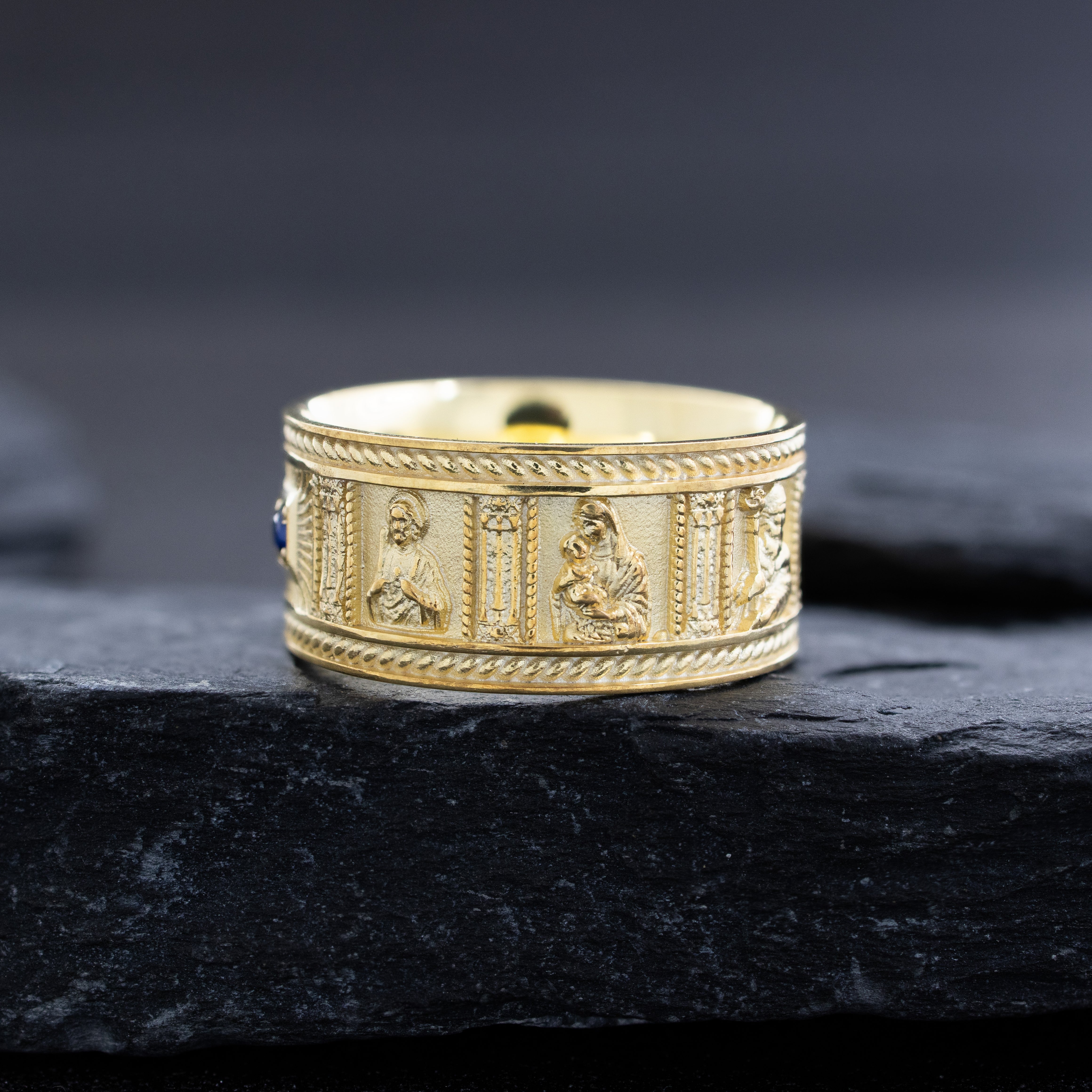 10mm Solid 14k or 18k Yellow Gold Ring with Christian Saints and Gemstone