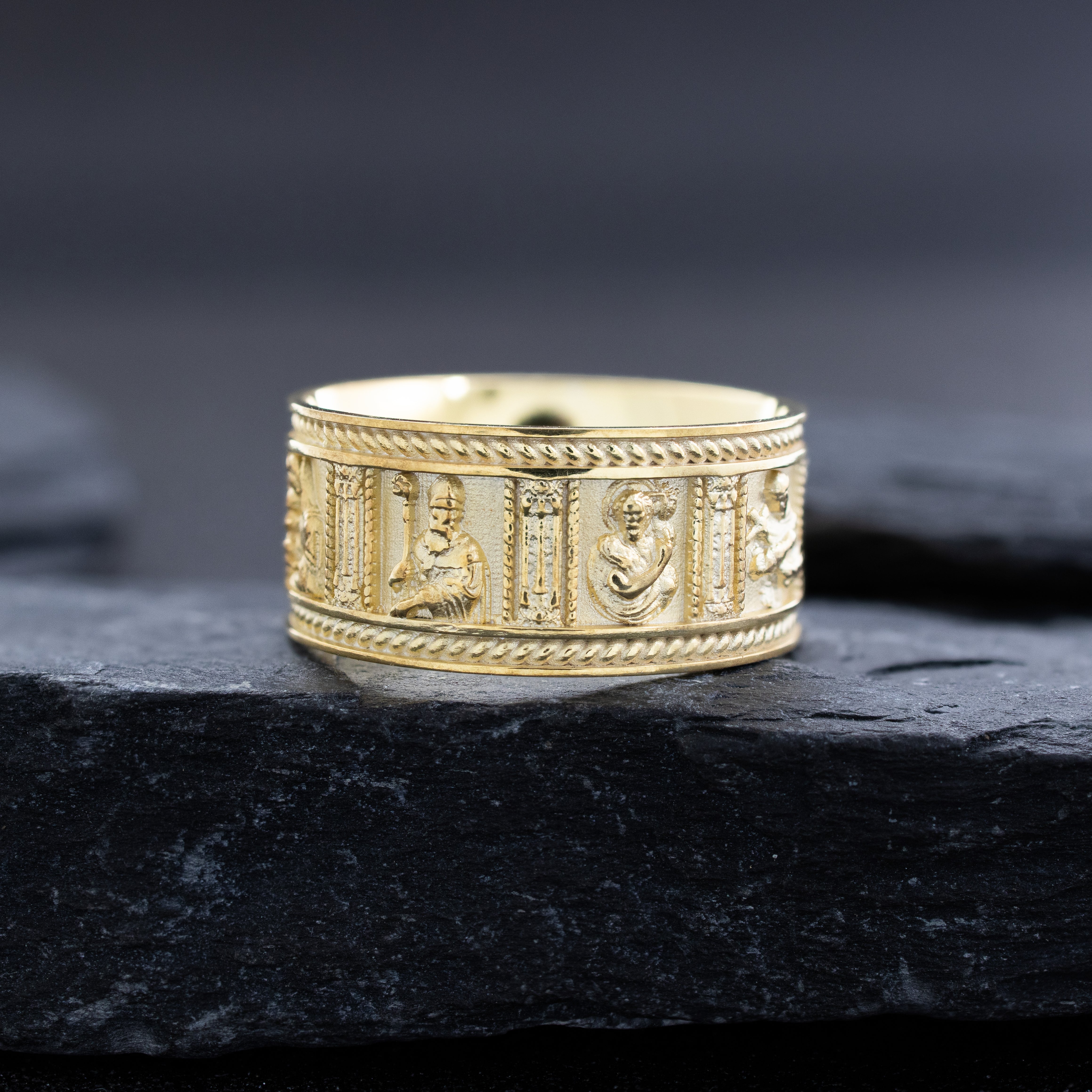 10mm Solid 14k or 18k Yellow Gold Ring with Christian Saints and Gemstone