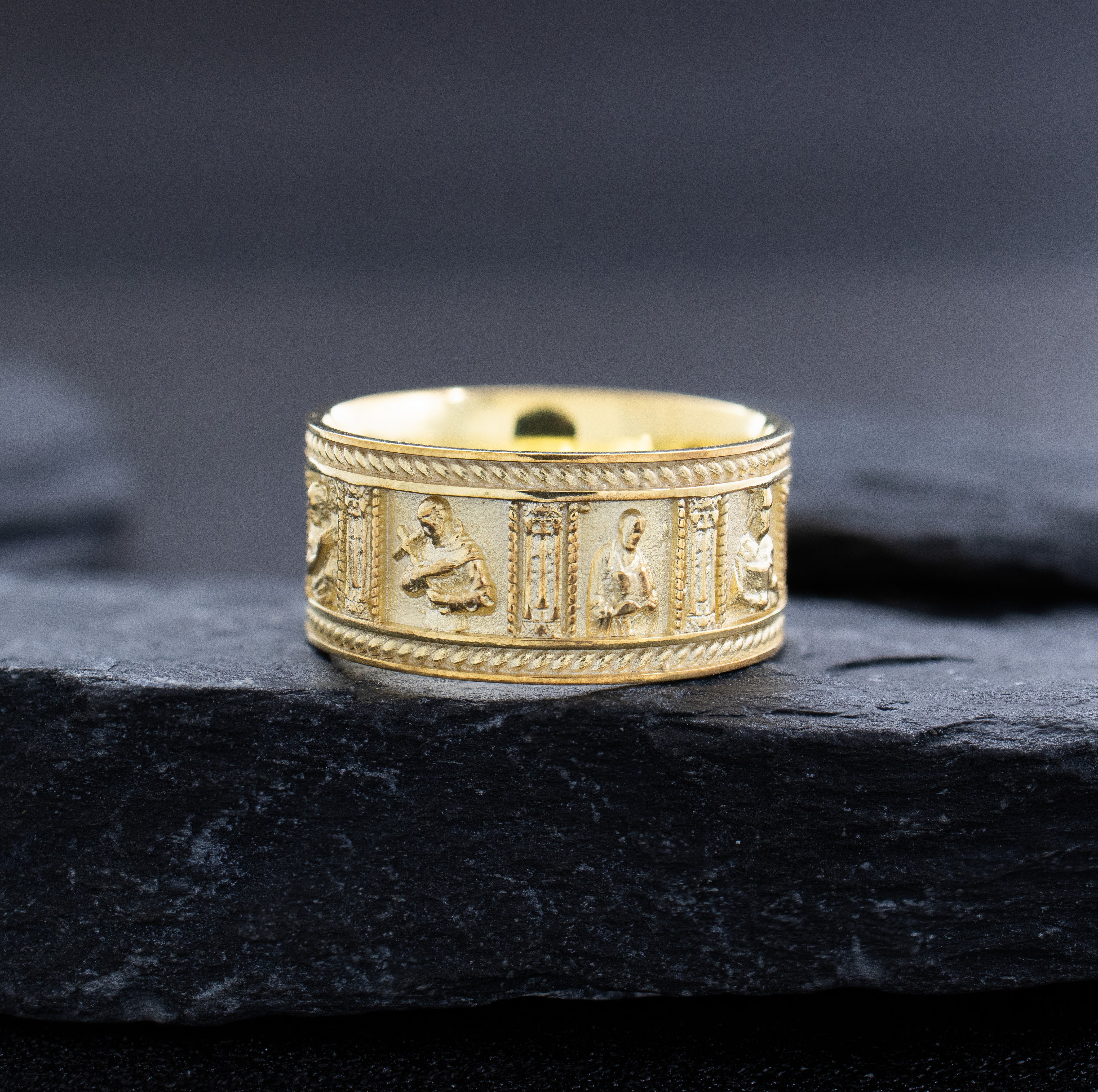 10mm Solid 14k or 18k Yellow Gold Ring with Christian Saints and Gemstone