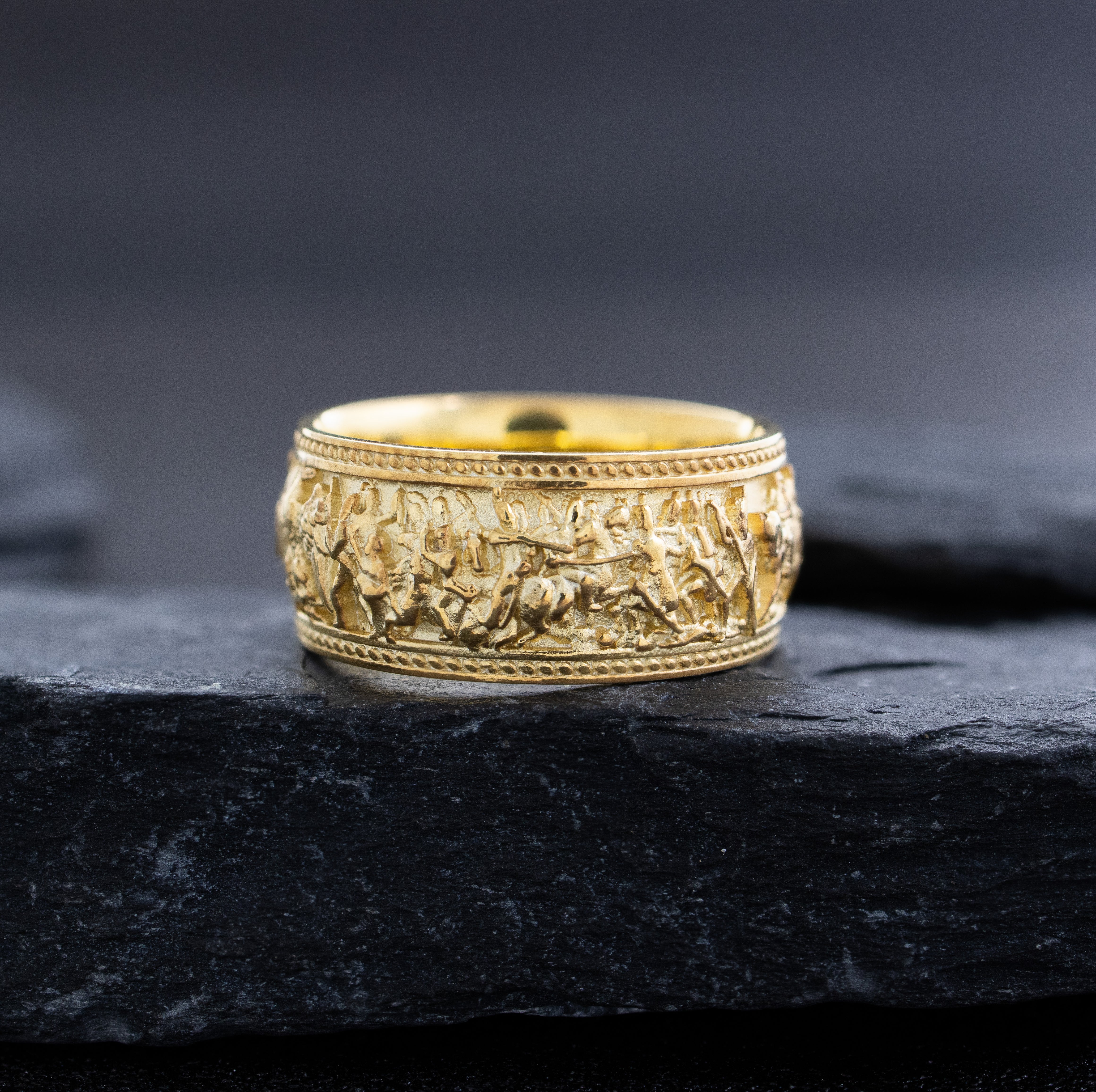 10mm Dome Shaped, 14k and 18k Solid Yellow Gold Ring with Napoleonic Battle Scene
