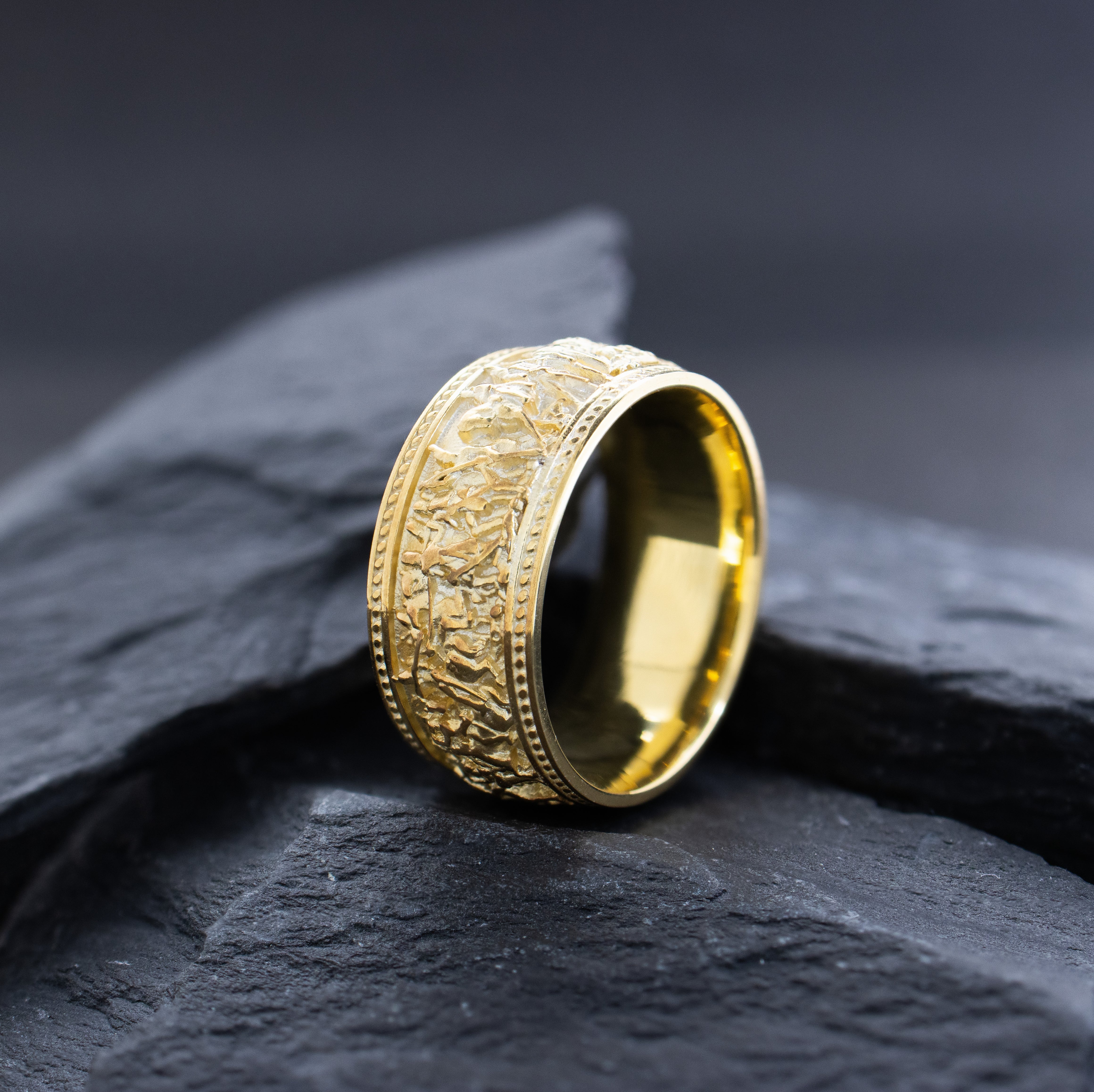 10mm Dome Shaped, 14k and 18k Solid Yellow Gold Ring with Napoleonic Battle Scene
