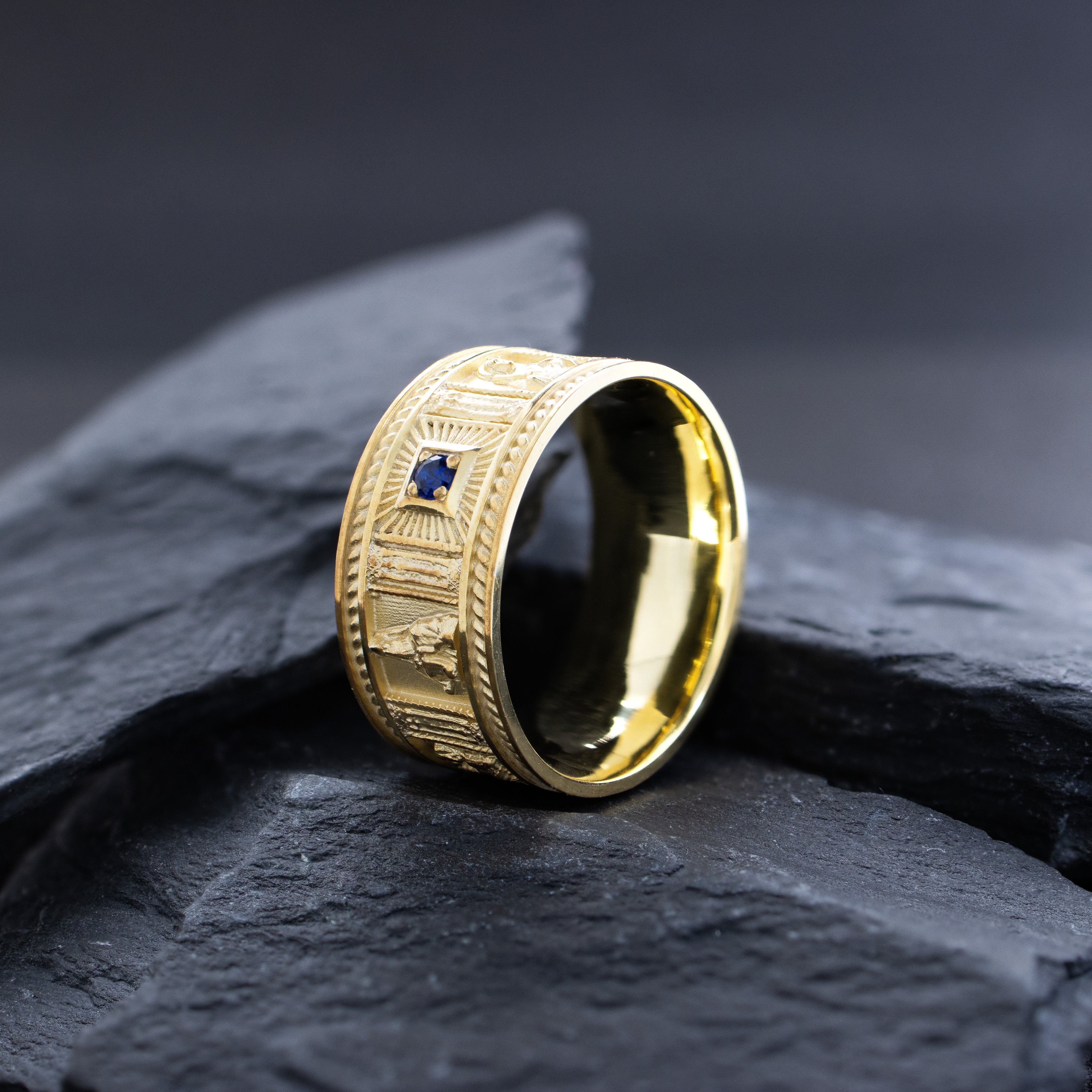 10mm Solid 14k or 18k Yellow Gold Ring with Christian Saints and Gemstone