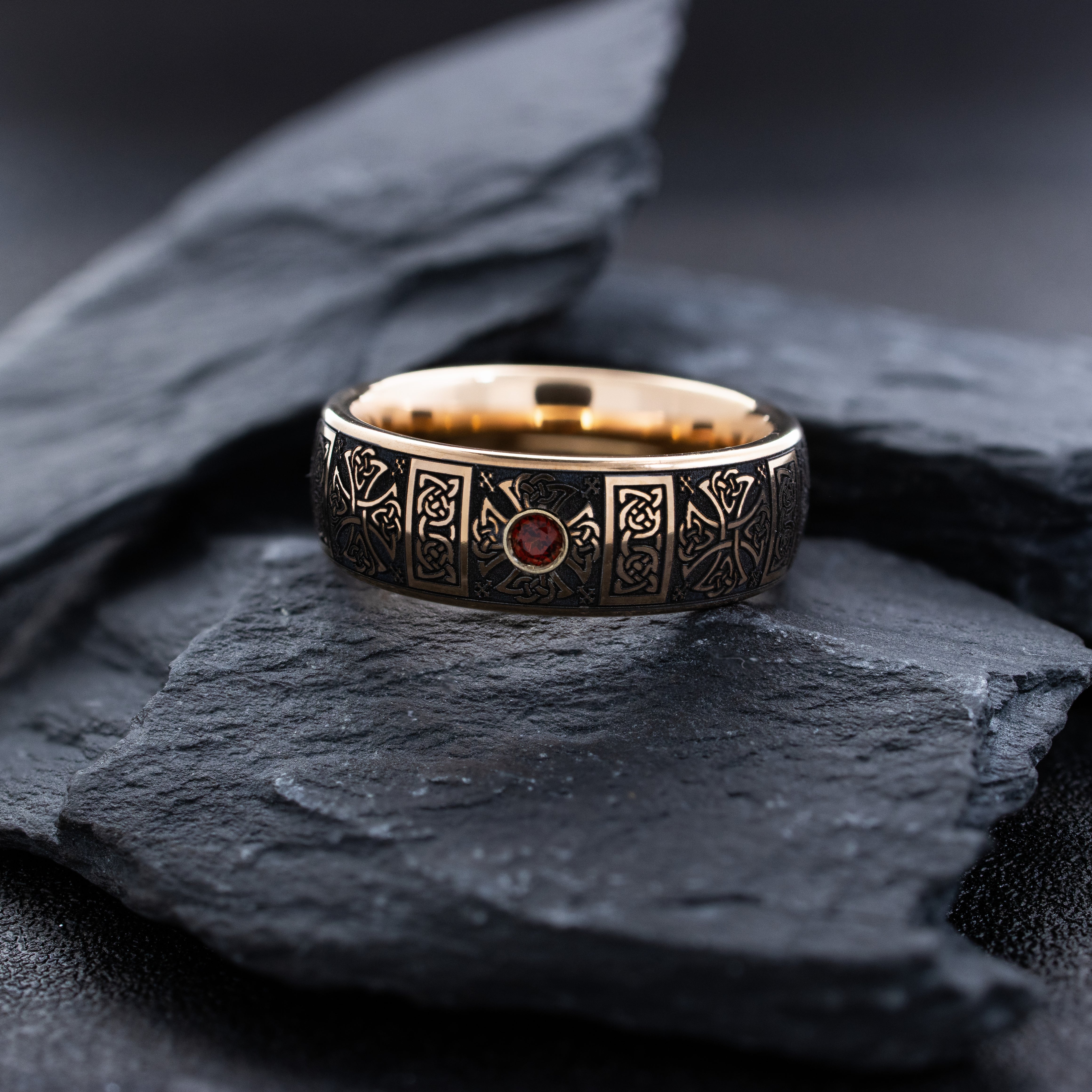 8mm Rose Gold Plated Gemstone Tantalum Ring with Celtic Crosses and Knots