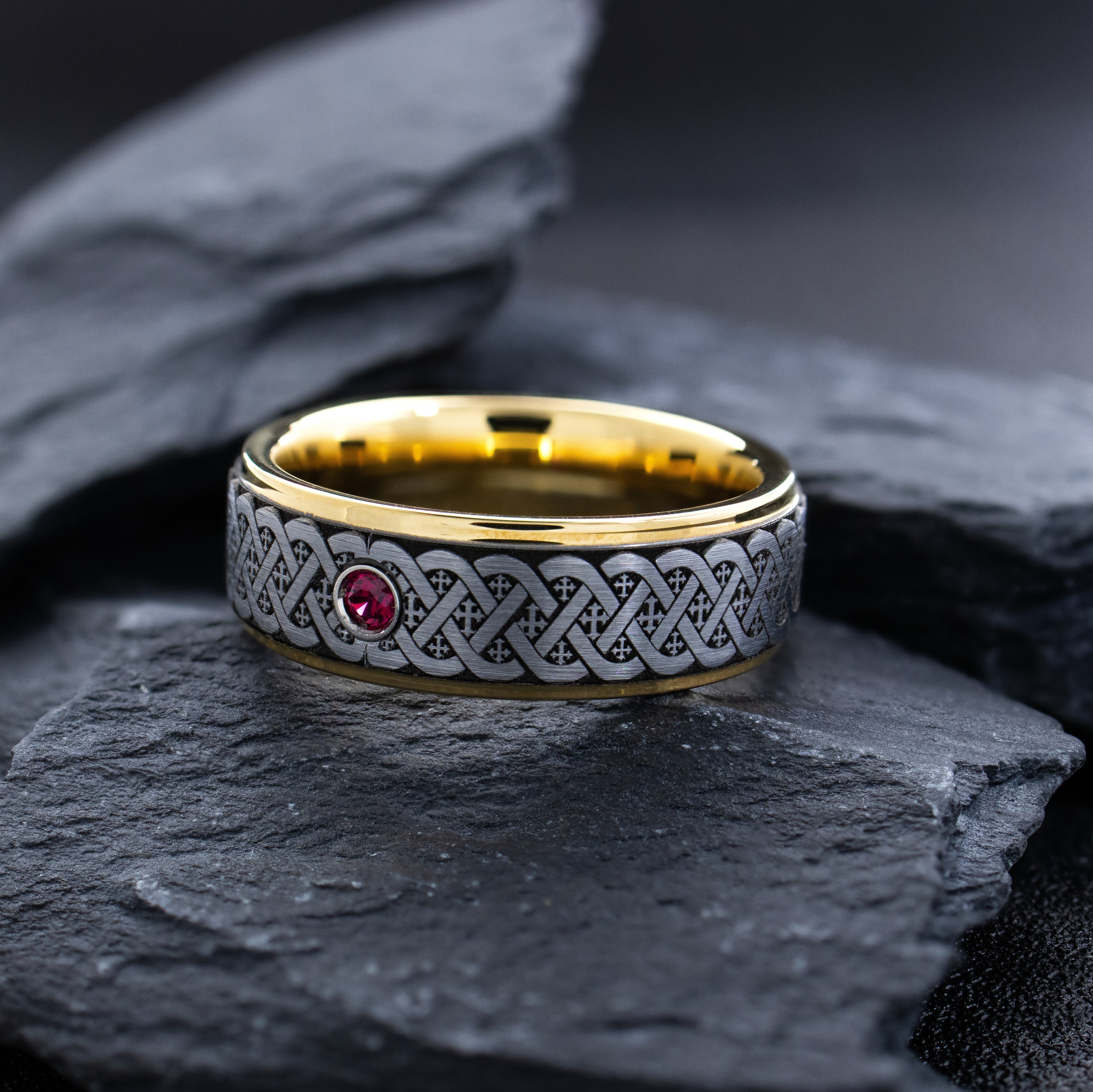 8mm Yellow Gold Plated Tungsten Carbide Ring with Deep Engraved Knot, Crosses and Gemstone
