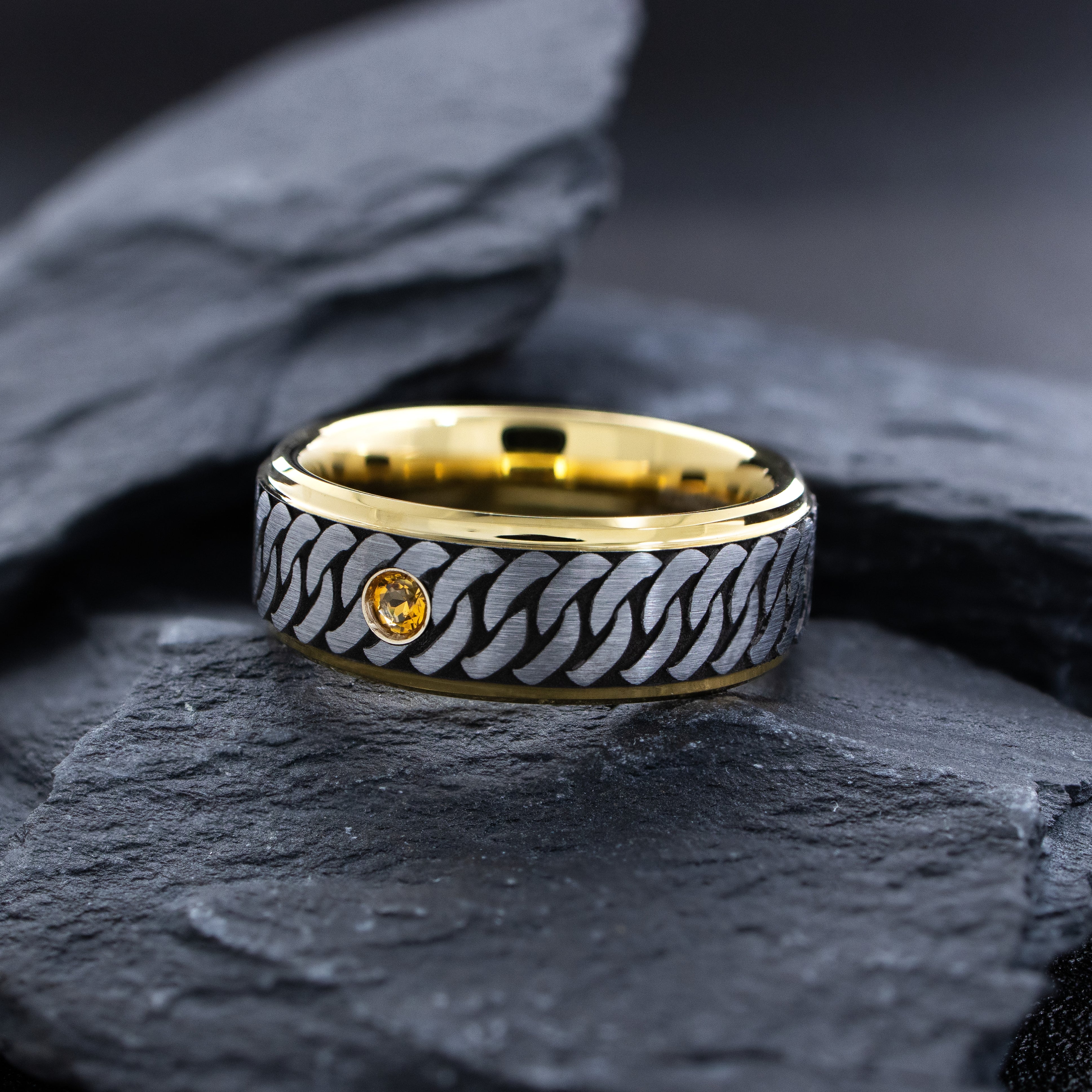 8mm Black and Silver Tungsten Carbide Ring with Gold Plating, Celtic Knot Engraving & Birthstone