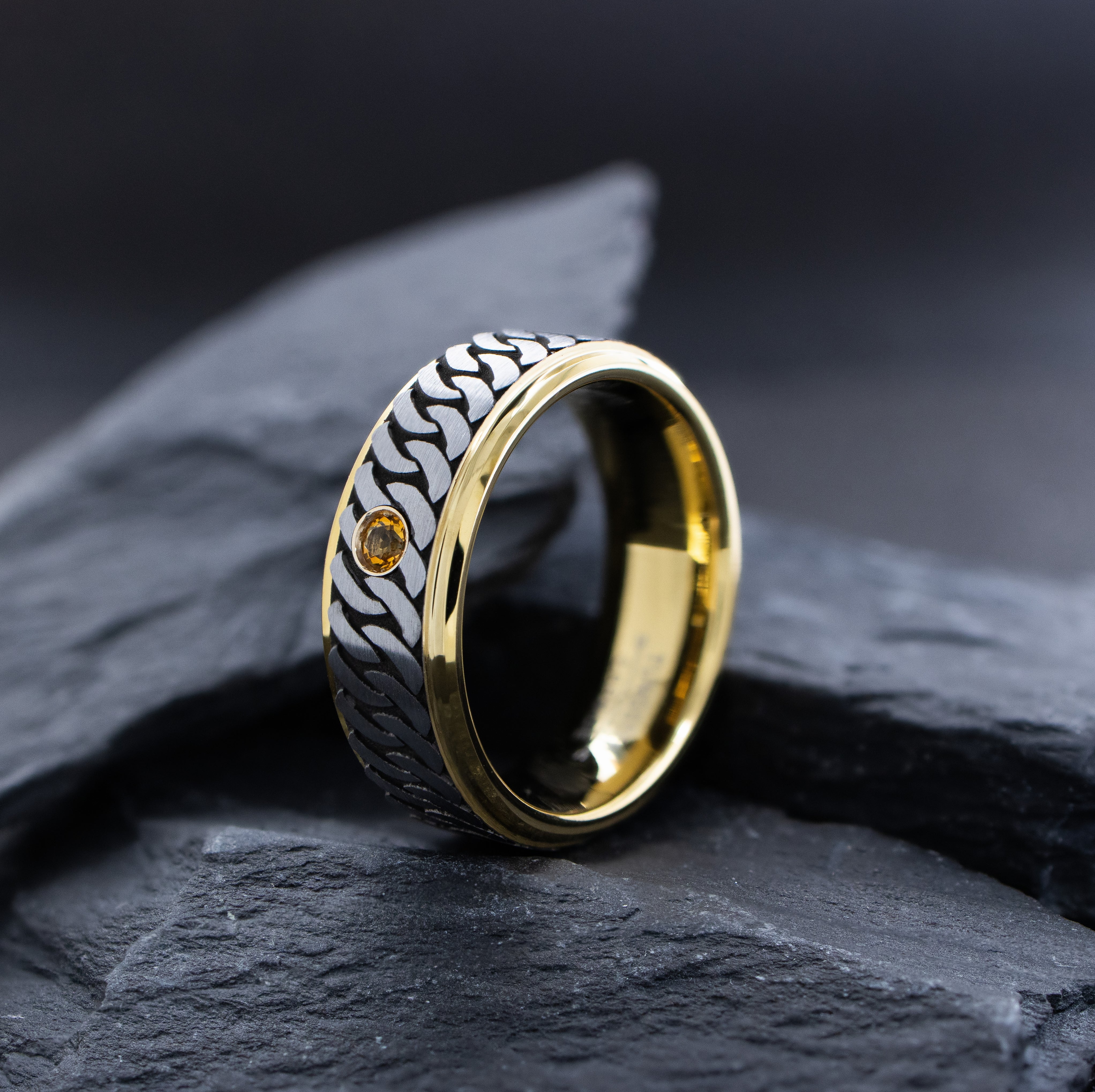8mm Black and Silver Tungsten Carbide Ring with Gold Plating, Celtic Knot Engraving & Birthstone