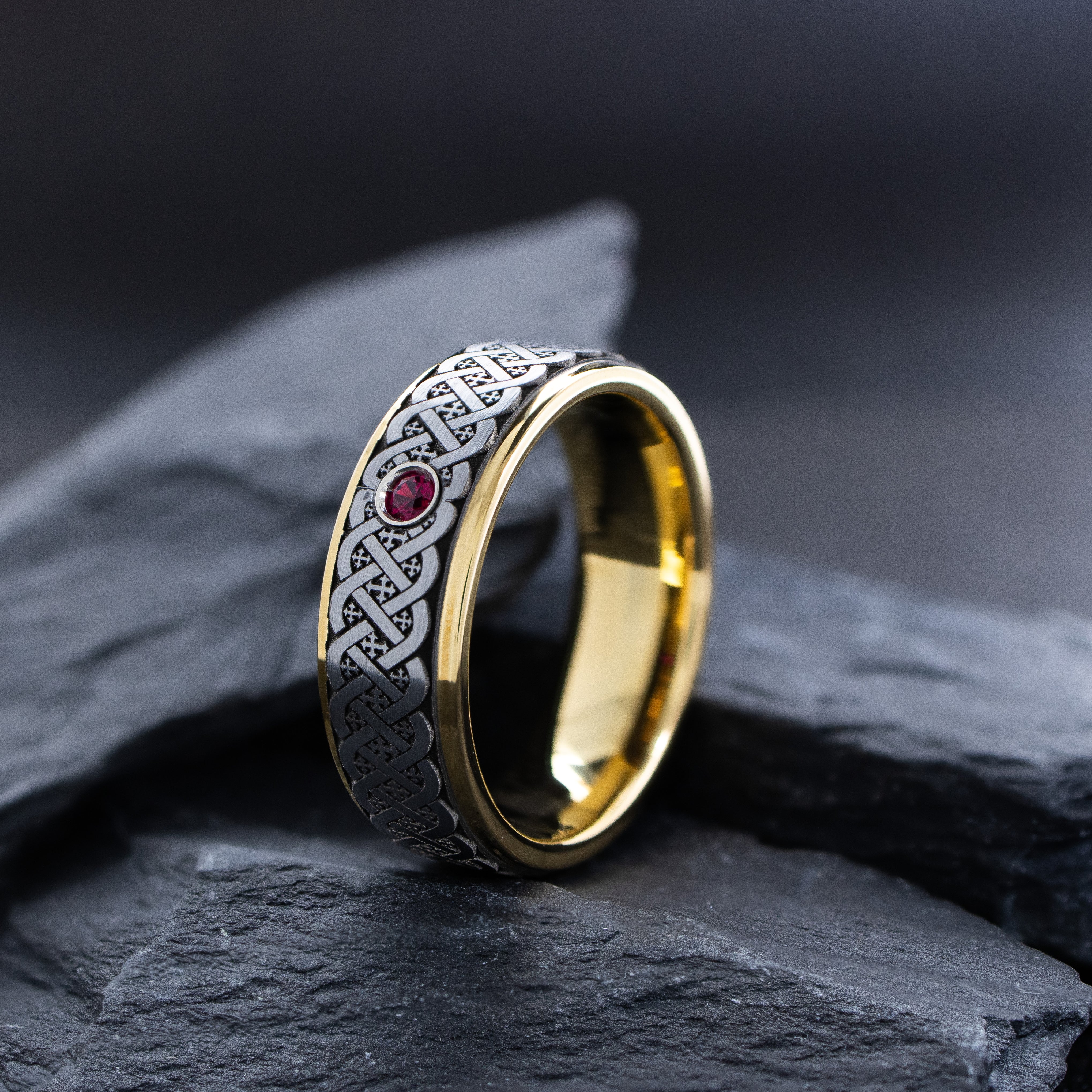 8mm Yellow Gold Plated Tungsten Carbide Ring with Deep Engraved Knot, Crosses and Gemstone