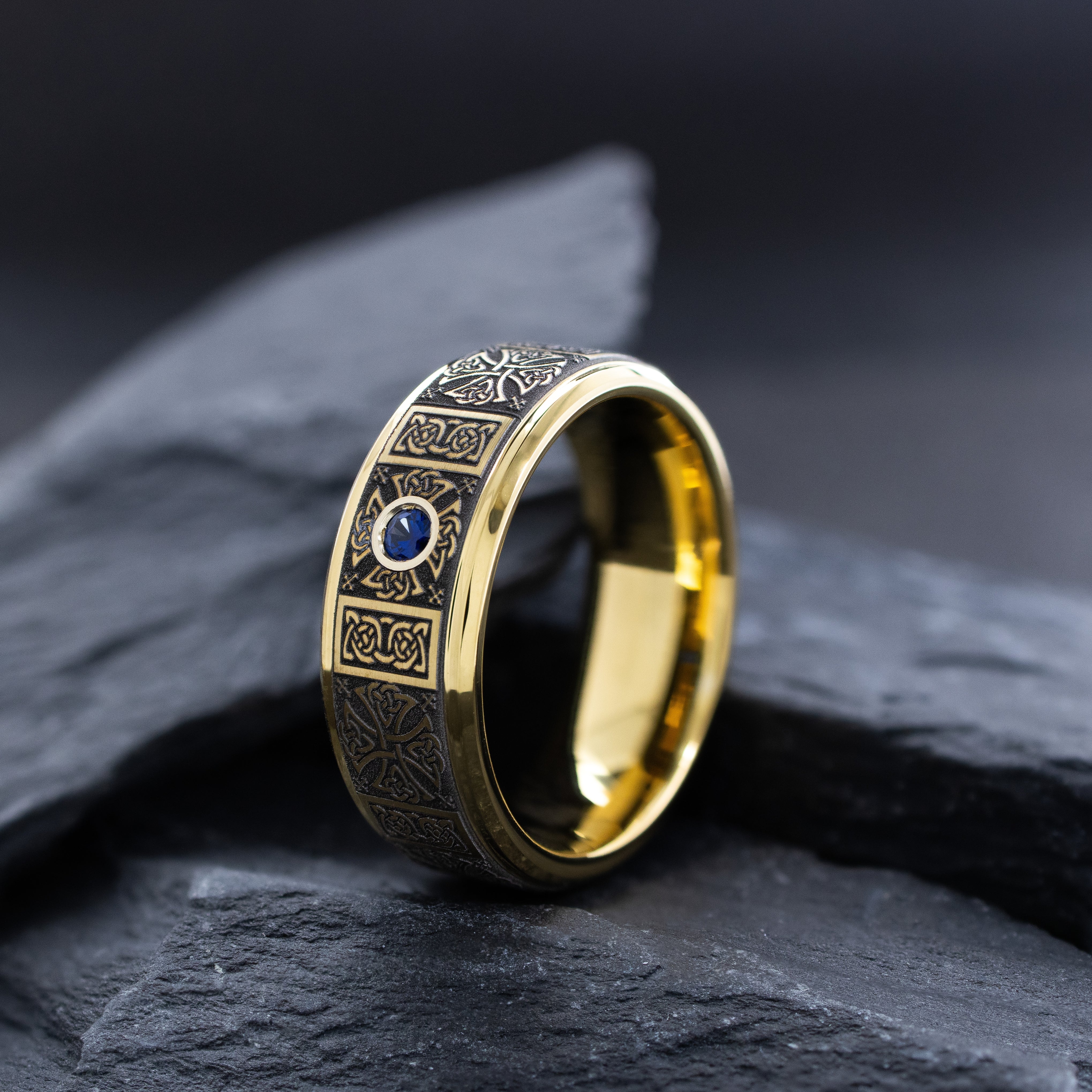 8mm Yellow Gold Plated Deep Engraved Celtic Pattern Tungsten Carbide Ring with Gemstone