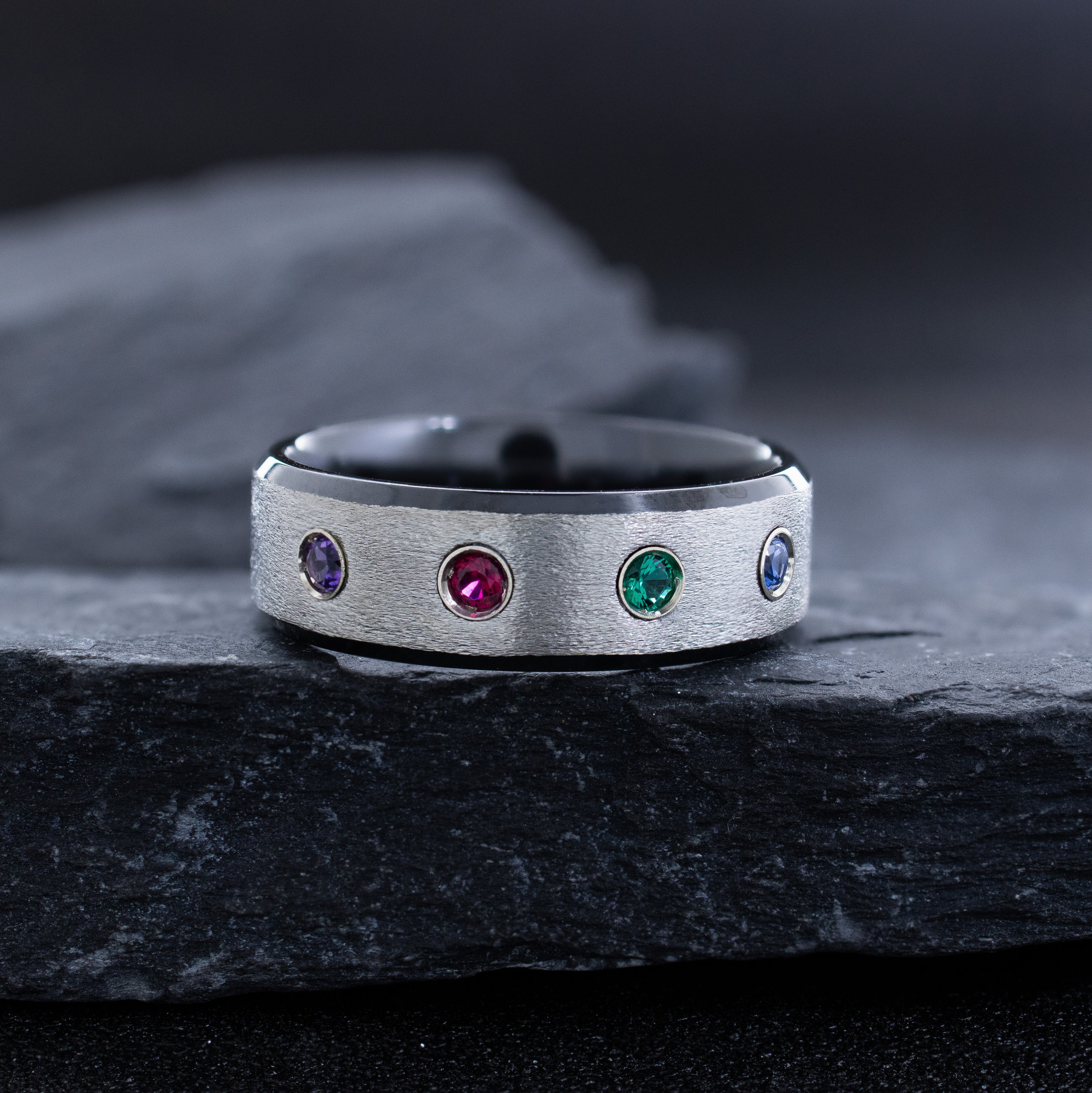 8mm Black Zirconium and Silver Ring with Four Round Cut Gemstones