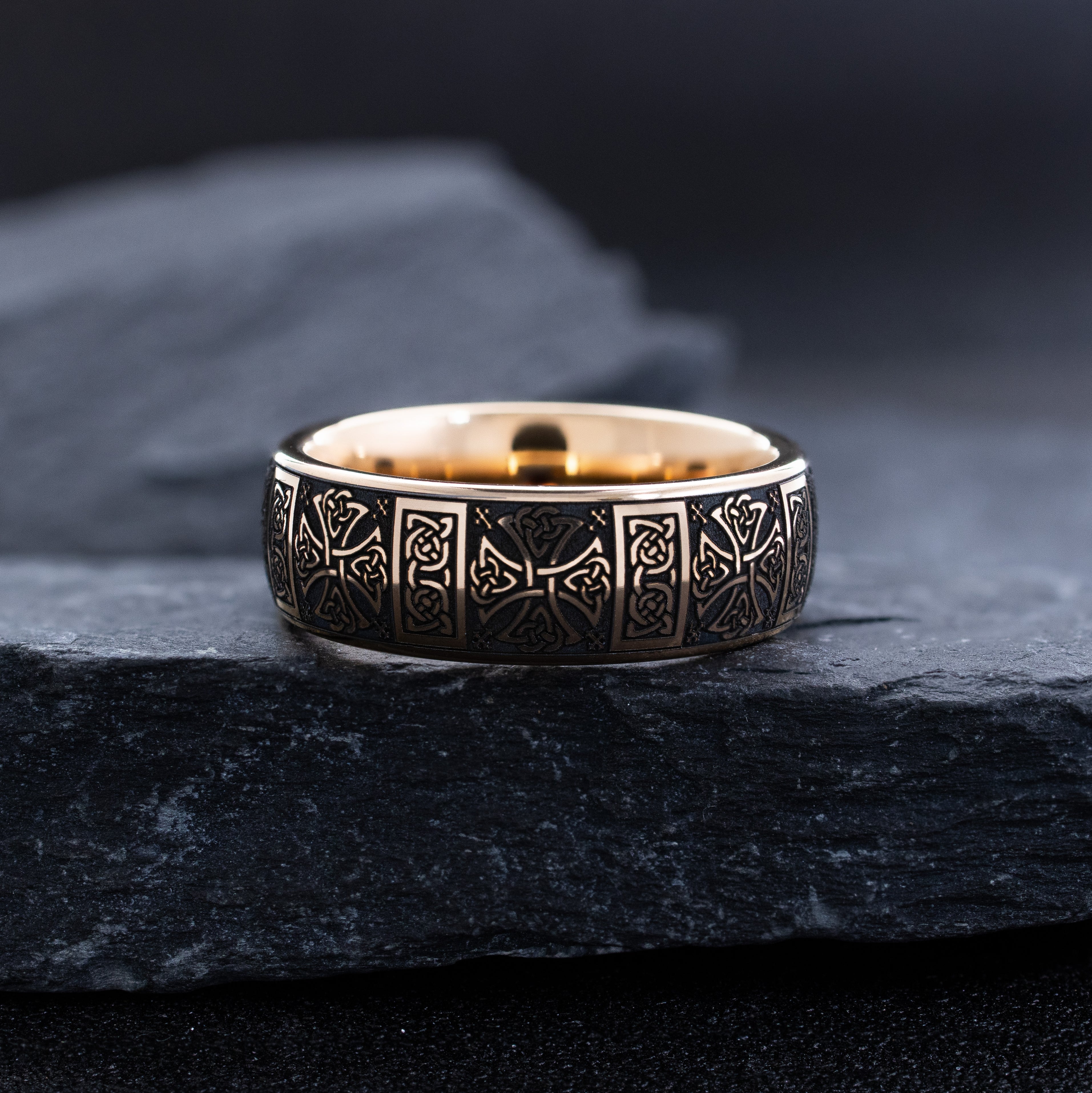 8mm Rose Gold Plated Gemstone Tantalum Ring with Celtic Crosses and Knots