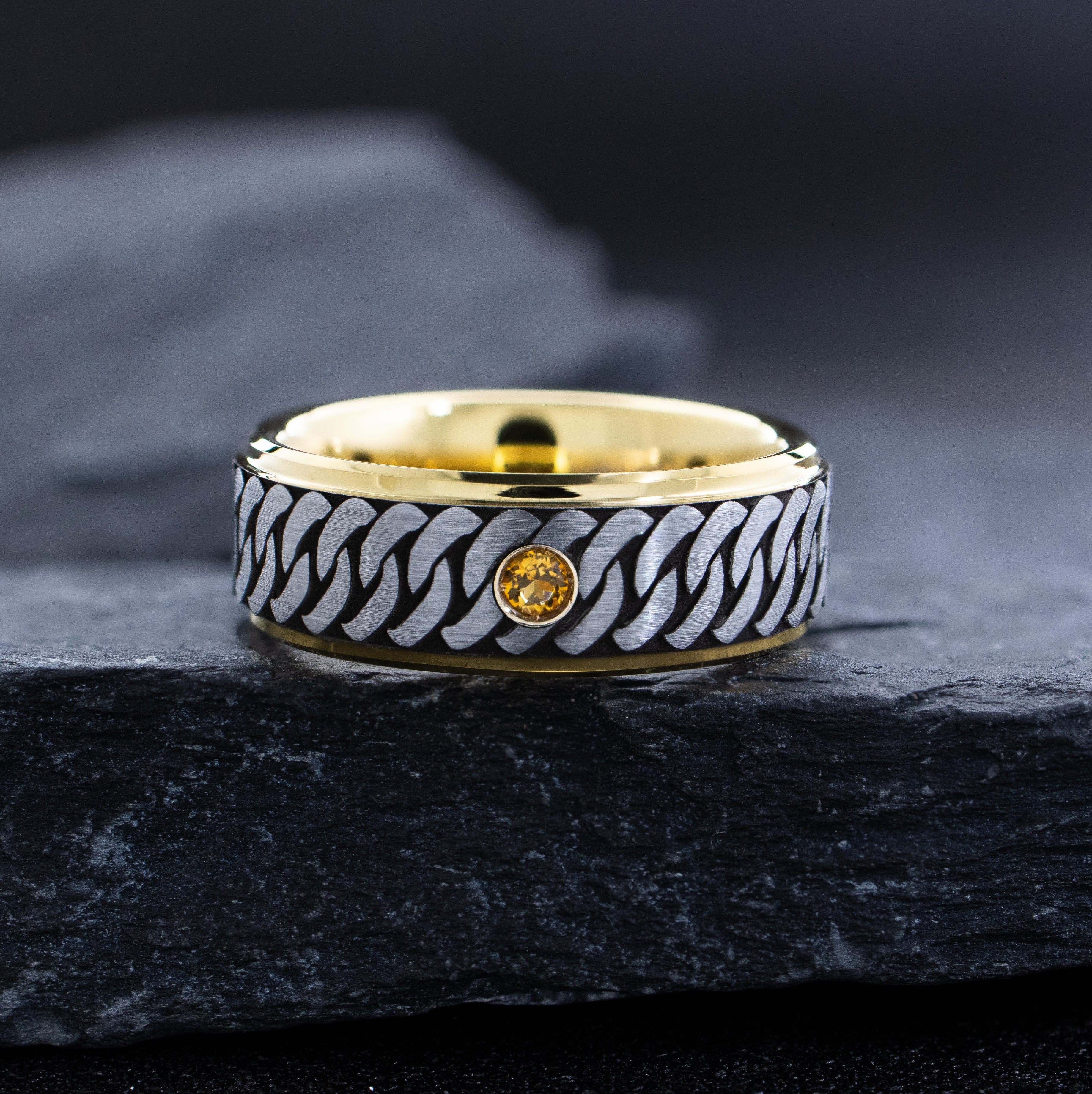 8mm Black and Silver Tungsten Carbide Ring with Gold Plating, Celtic Knot Engraving & Birthstone