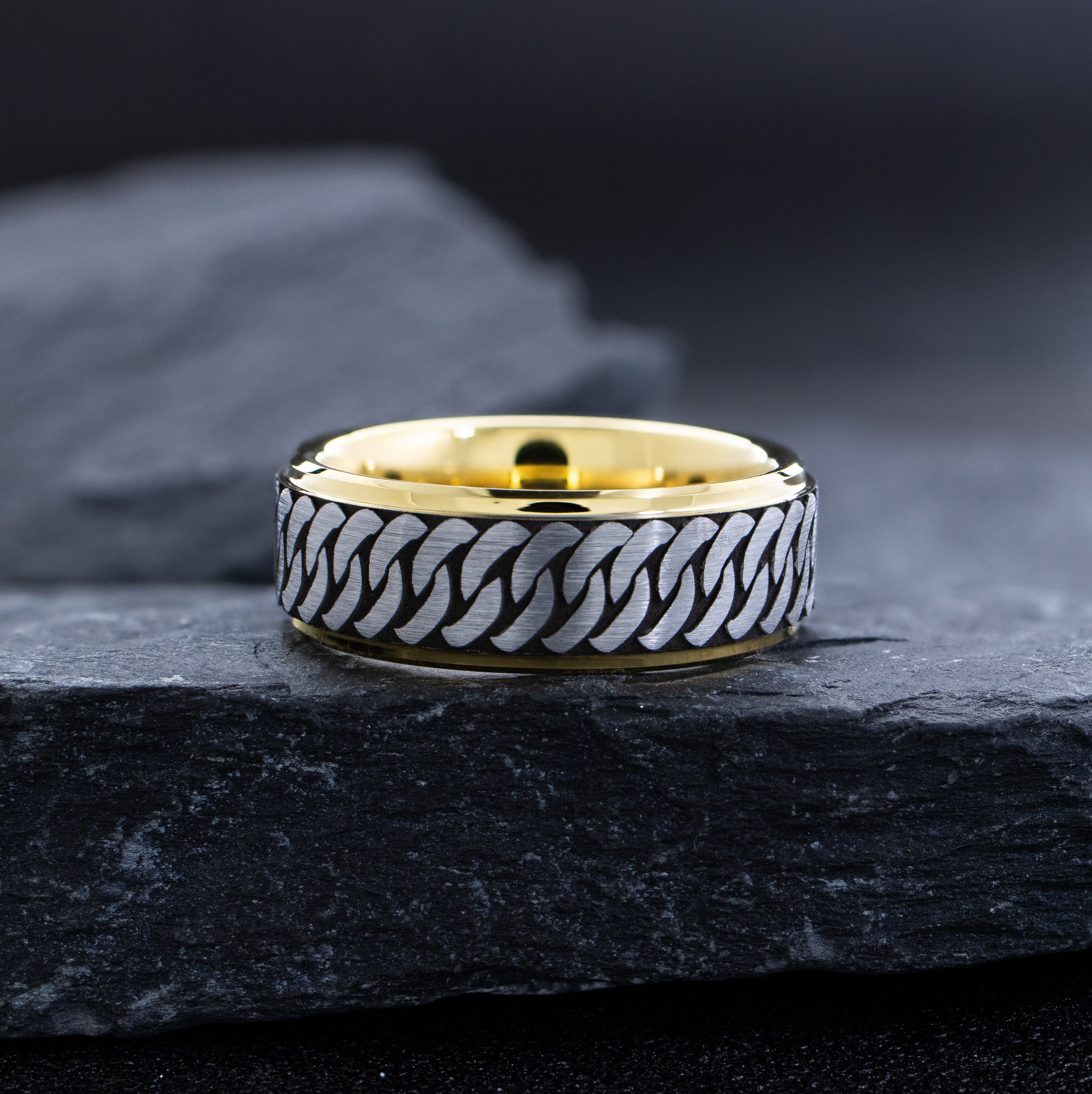 8mm Black and Silver Tungsten Carbide Ring with Gold Plating, Celtic Knot Engraving & Birthstone