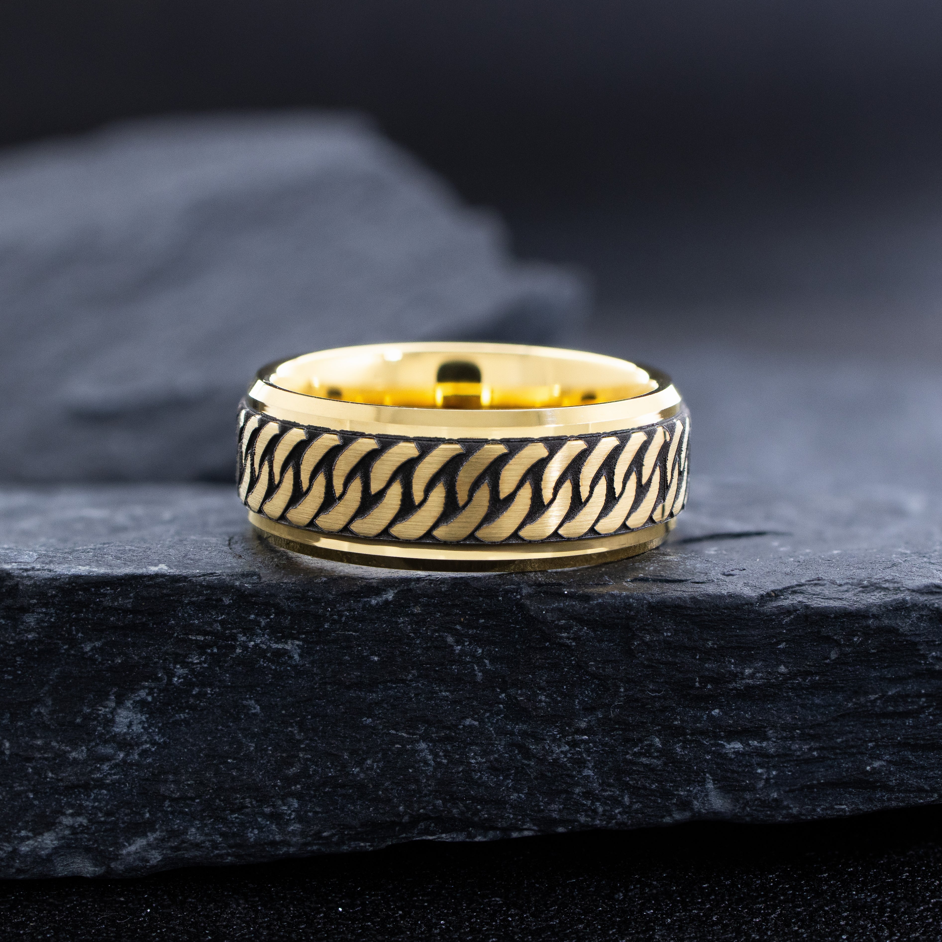 8mm Gold Tungsten Carbide Ring with Deep Braid Engraving & Gemstone