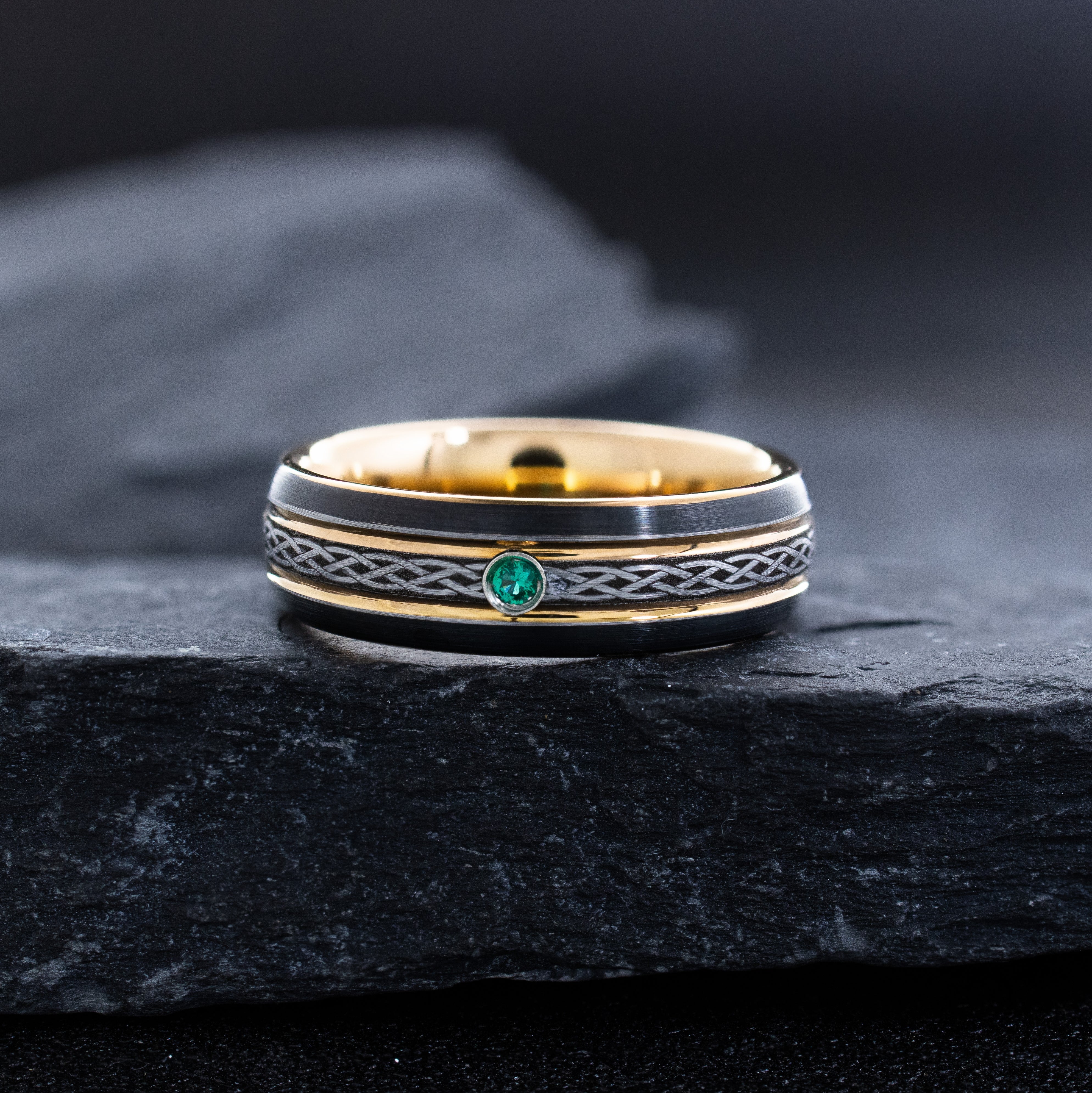 Black 7mm Tungsten Carbide Ring with Rose Gold Plating, Celtic Knot Engraving & Birthstone