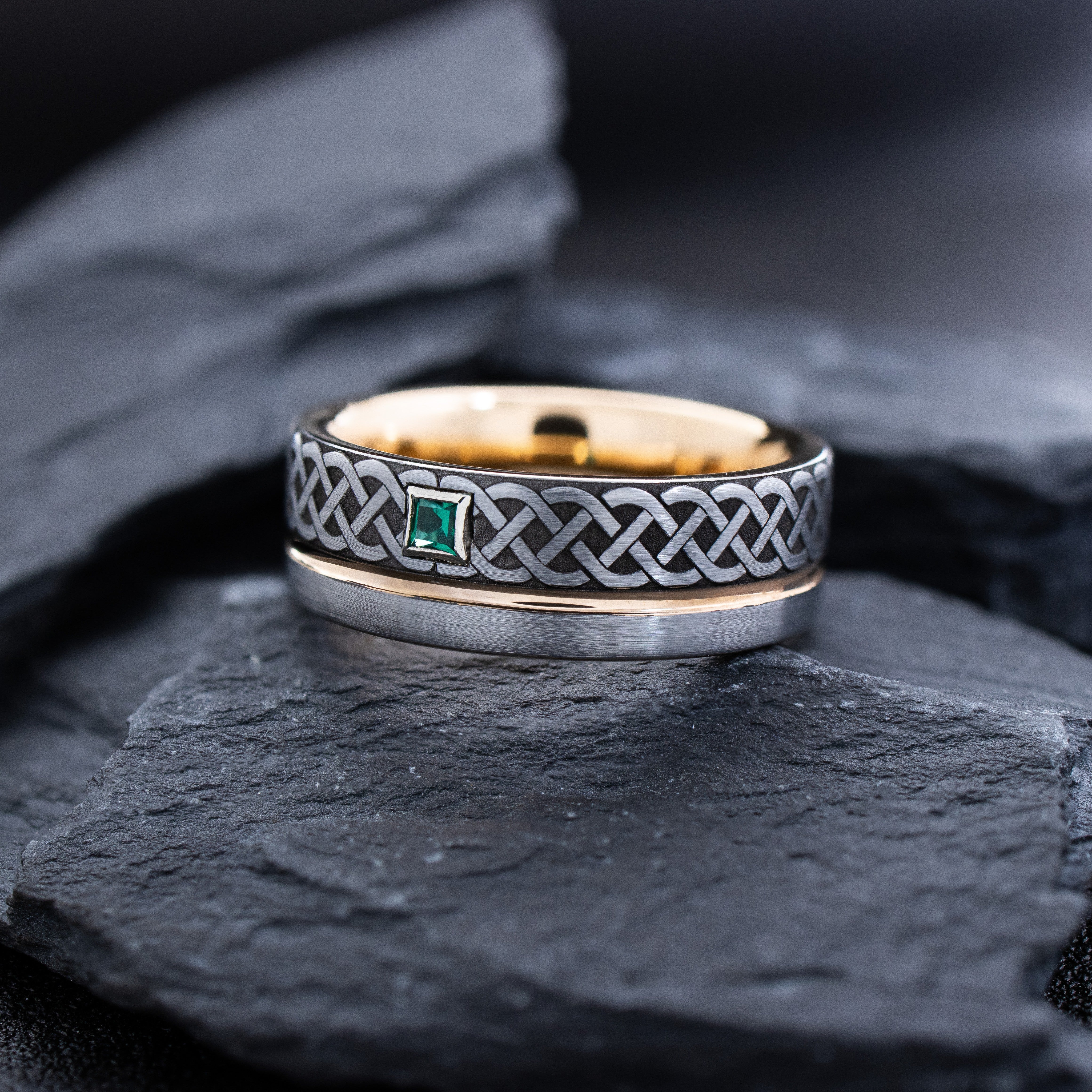 8mm Tungsten Carbide Ring with Rose Gold Plating, Celtic Braid Engraving, Groove and Gemstone