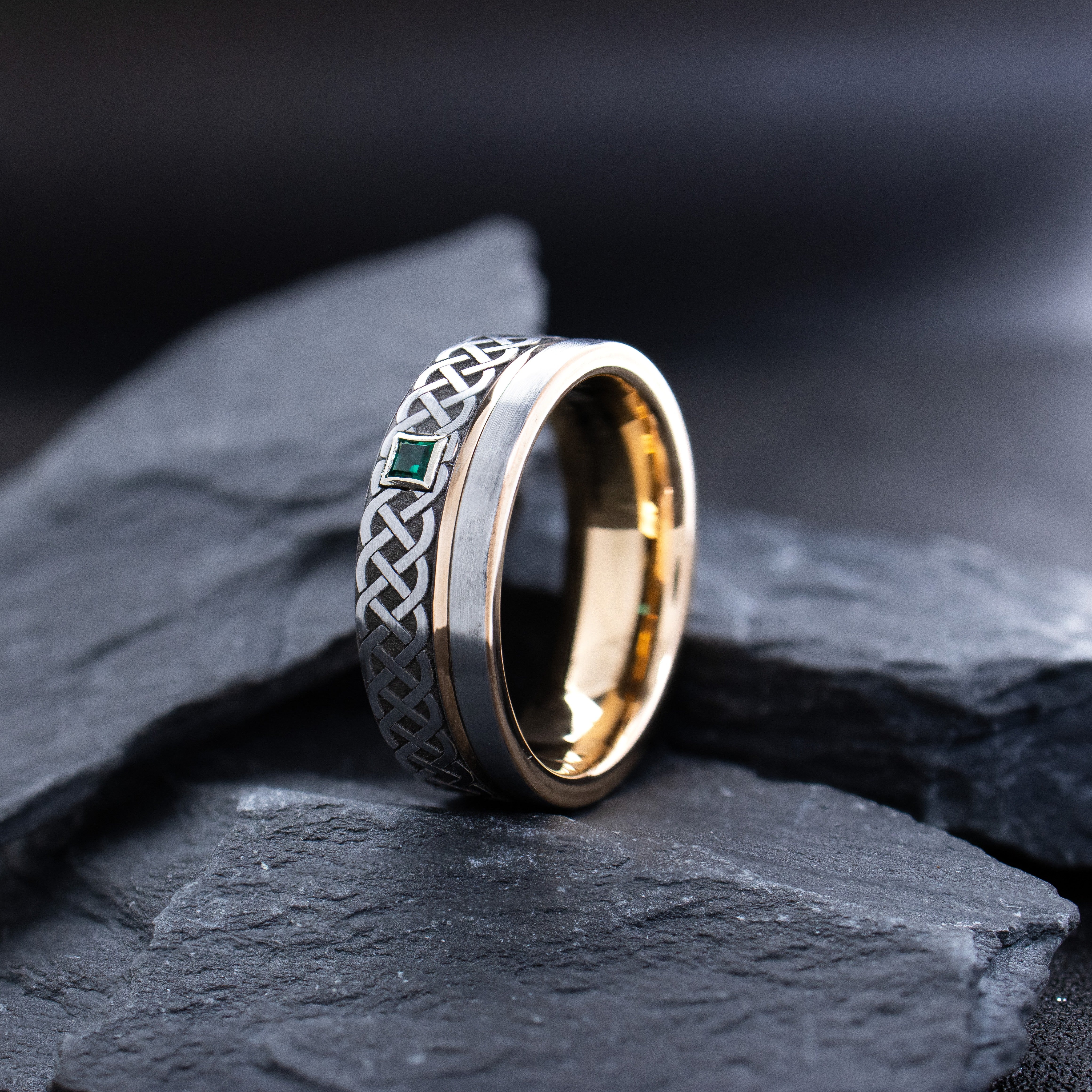 8mm Tungsten Carbide Ring with Rose Gold Plating, Celtic Braid Engraving, Groove and Gemstone