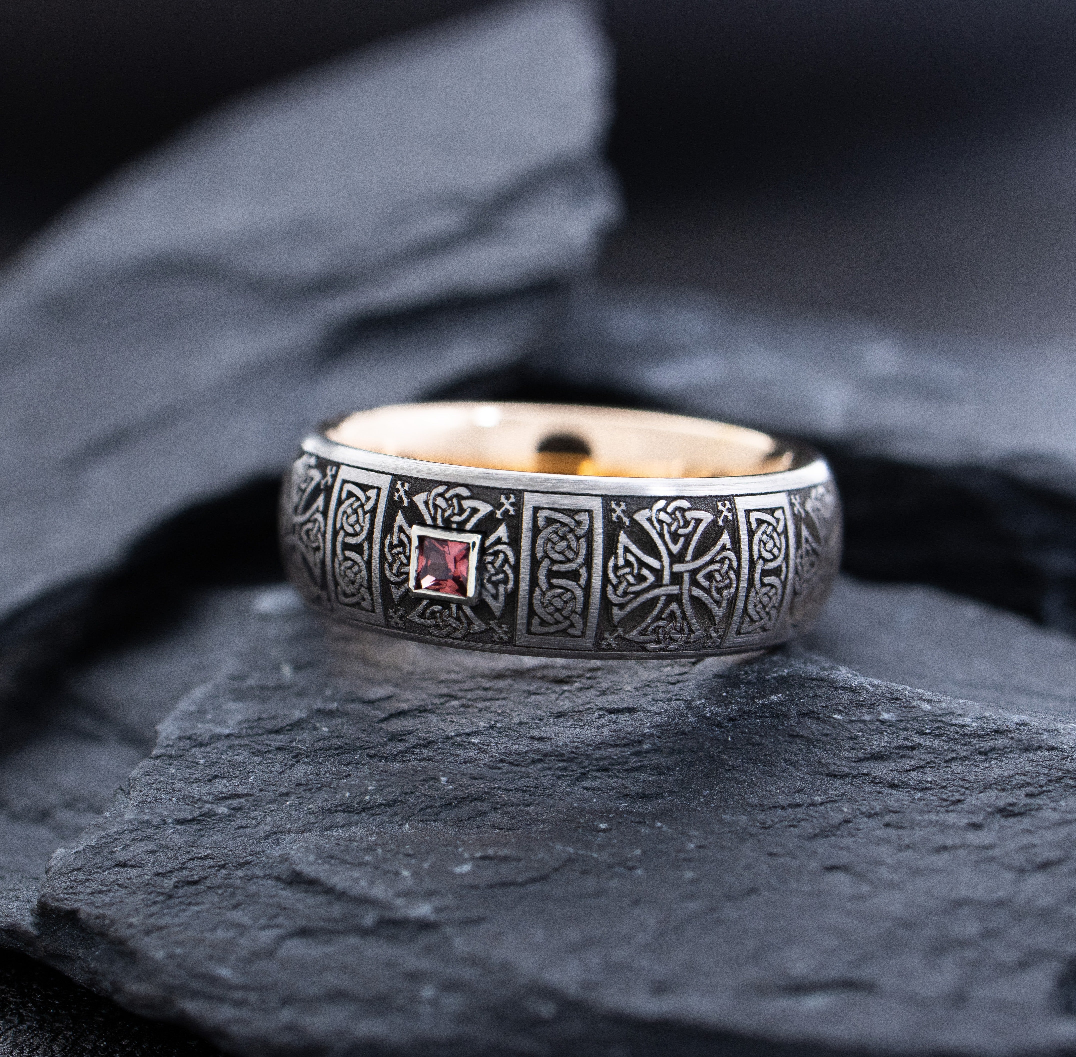 8mm Rose Gold Plated Deep Engraved Celtic Cross Tungsten Carbide Ring with Princess Cut Gemstone