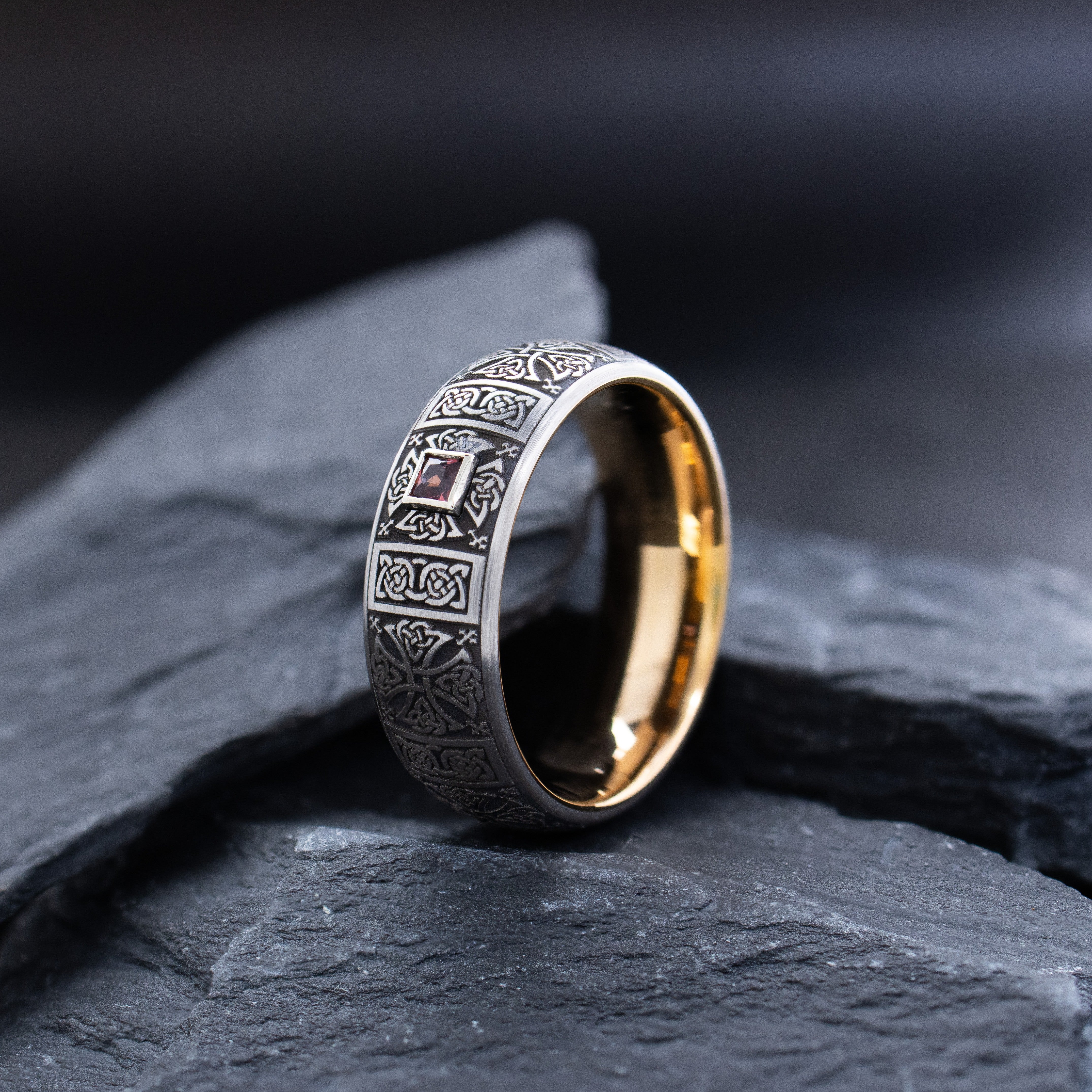 8mm Rose Gold Plated Deep Engraved Celtic Cross Tungsten Carbide Ring with Princess Cut Gemstone