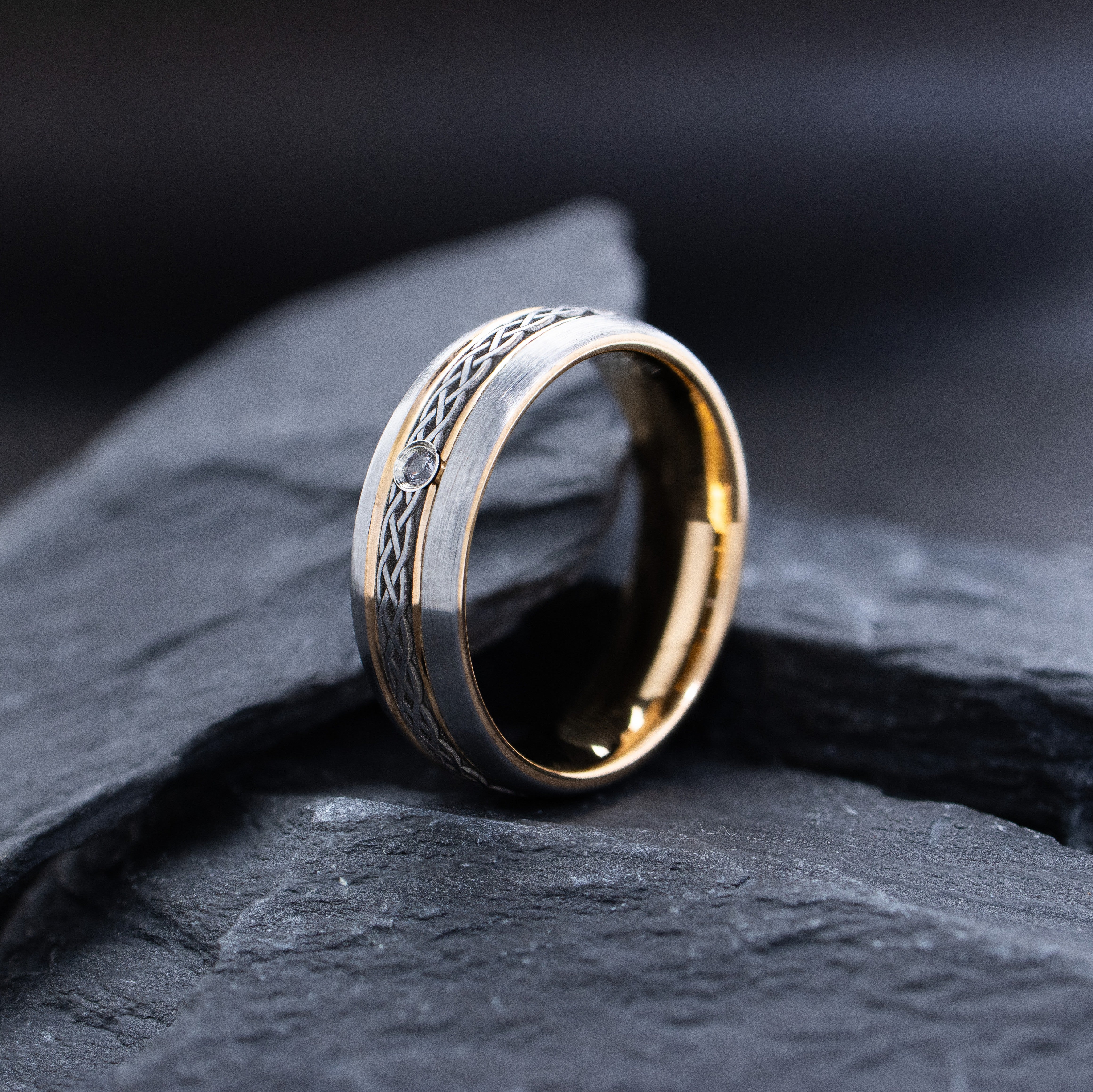 Rose Gold Plated 7mm Tungsten Carbide Ring with Thin Celtic Knot Engravings & Gemstone
