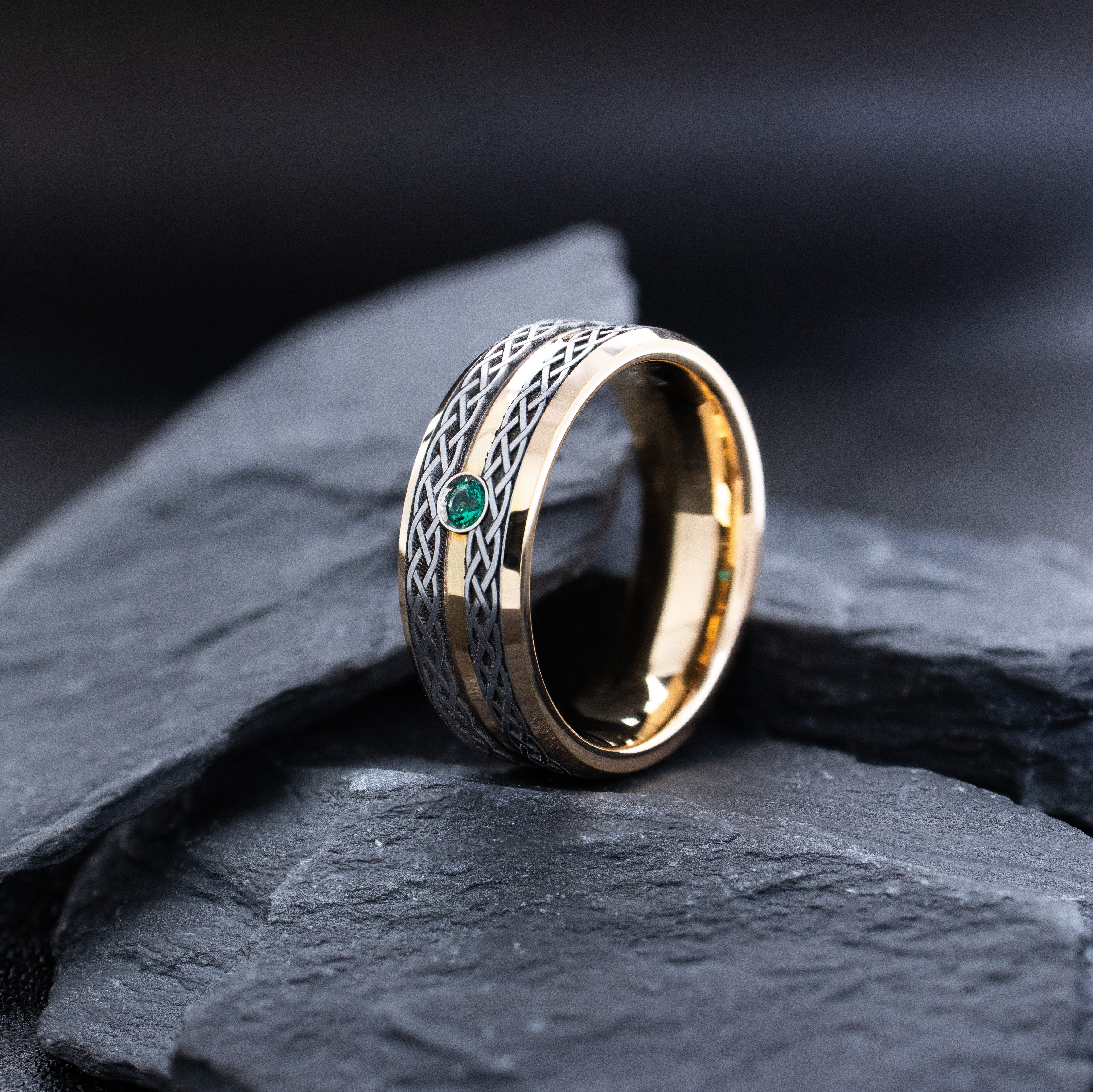 Rose Gold Plated 8mm Tungsten Carbide Ring with Deep Engraved Knots, Groove, and Gemstone