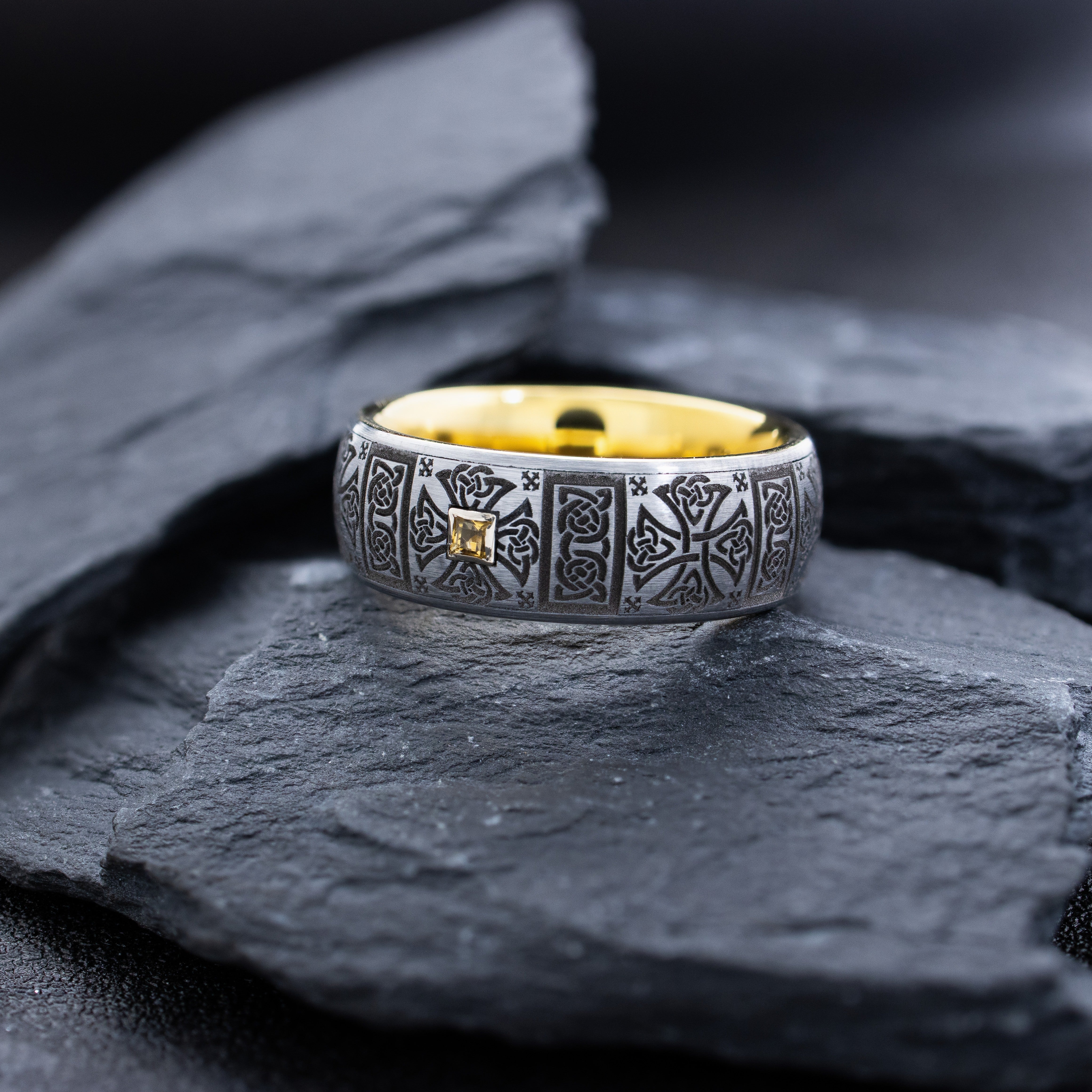 Yellow Gold Plated 8mm Deep Engraved Tungsten Carbide Ring with Celtic Crosses and Princess Cut Gemstone