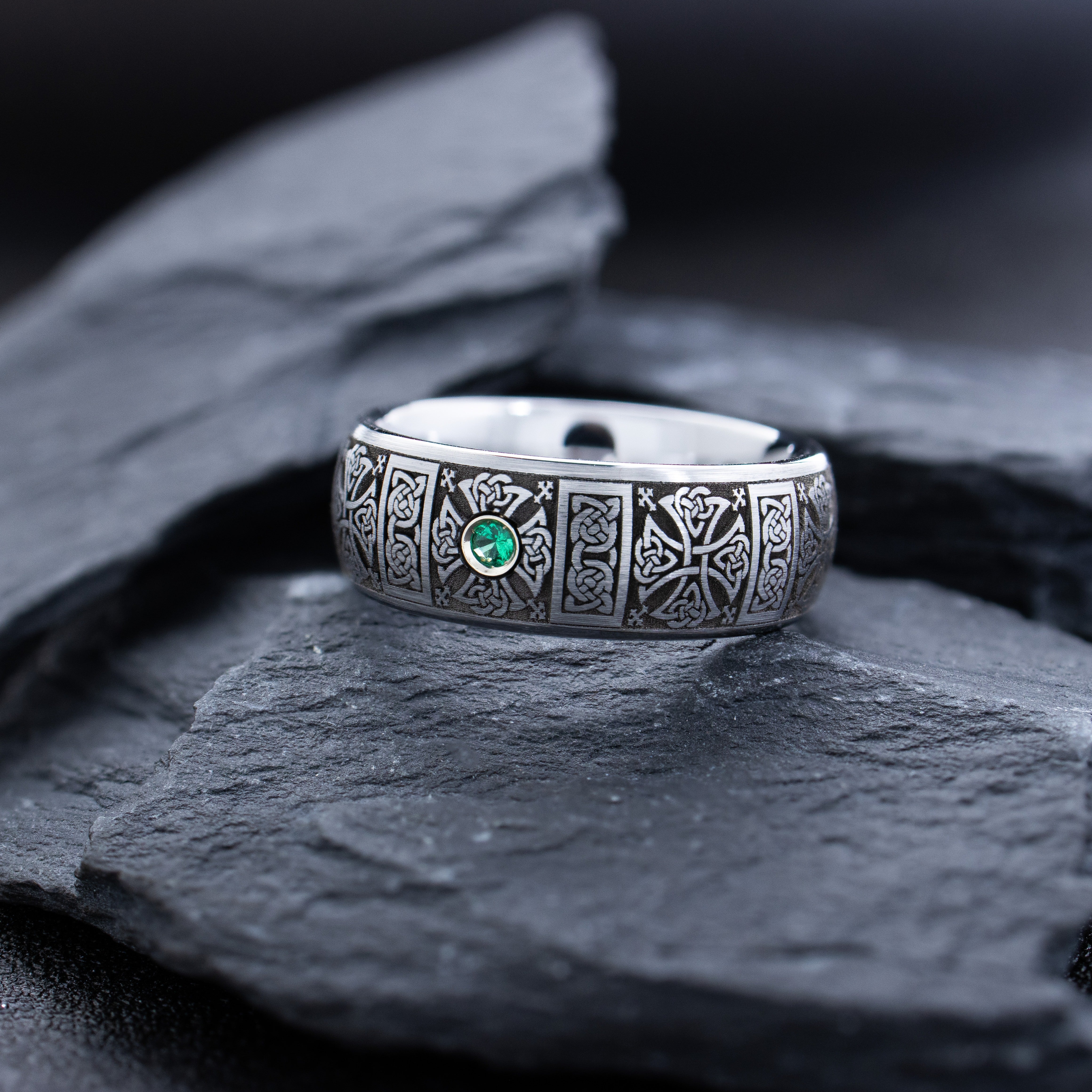 Deep Engraved Tungsten Carbide Ring with Irish Celtic Crosses and Round Cut Gemstone