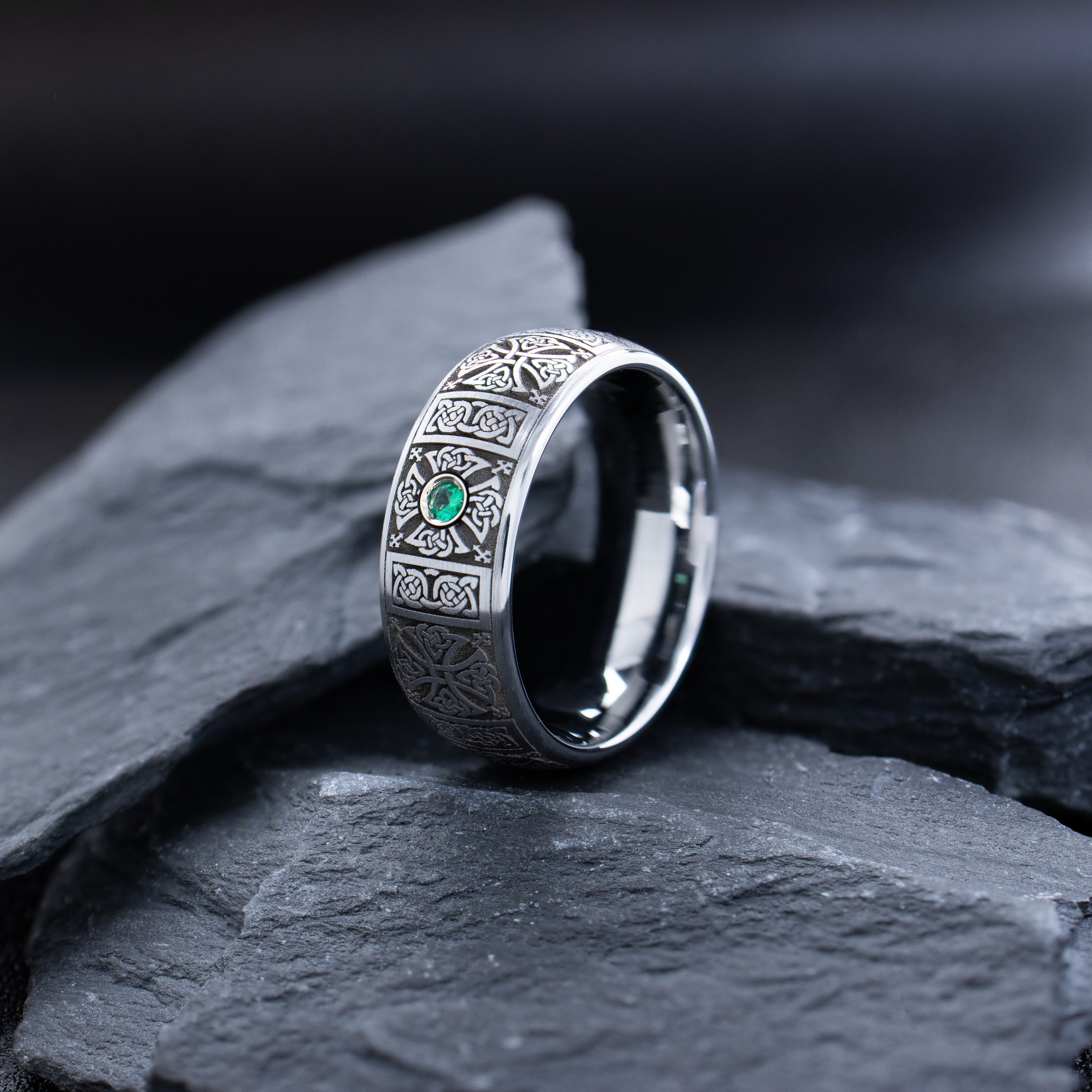 Deep Engraved Tungsten Carbide Ring with Irish Celtic Crosses and Round Cut Gemstone