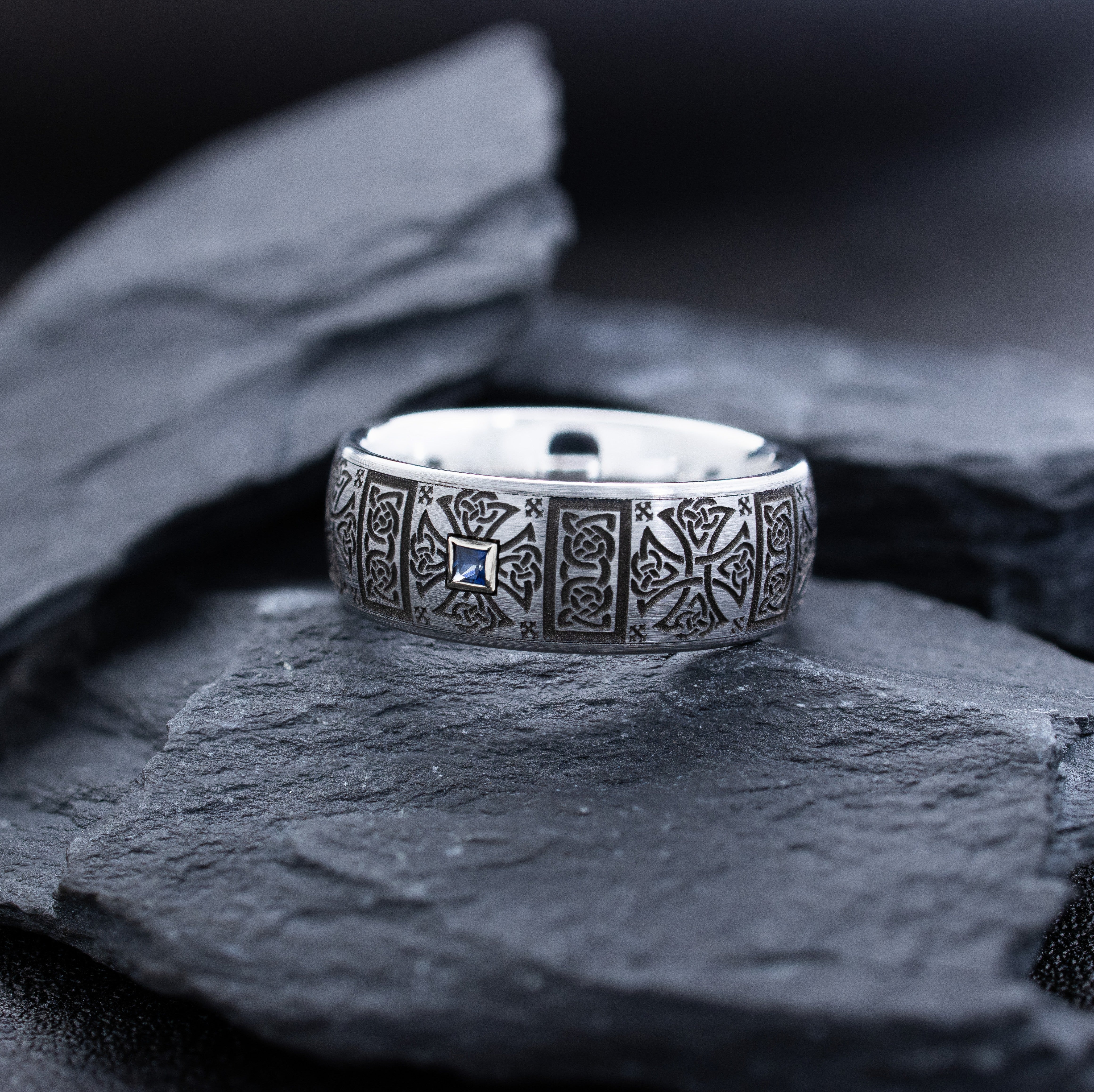 8mm Deep Engraved Tungsten Carbide Ring with Celtic Designs and Princess Cut Gemstone