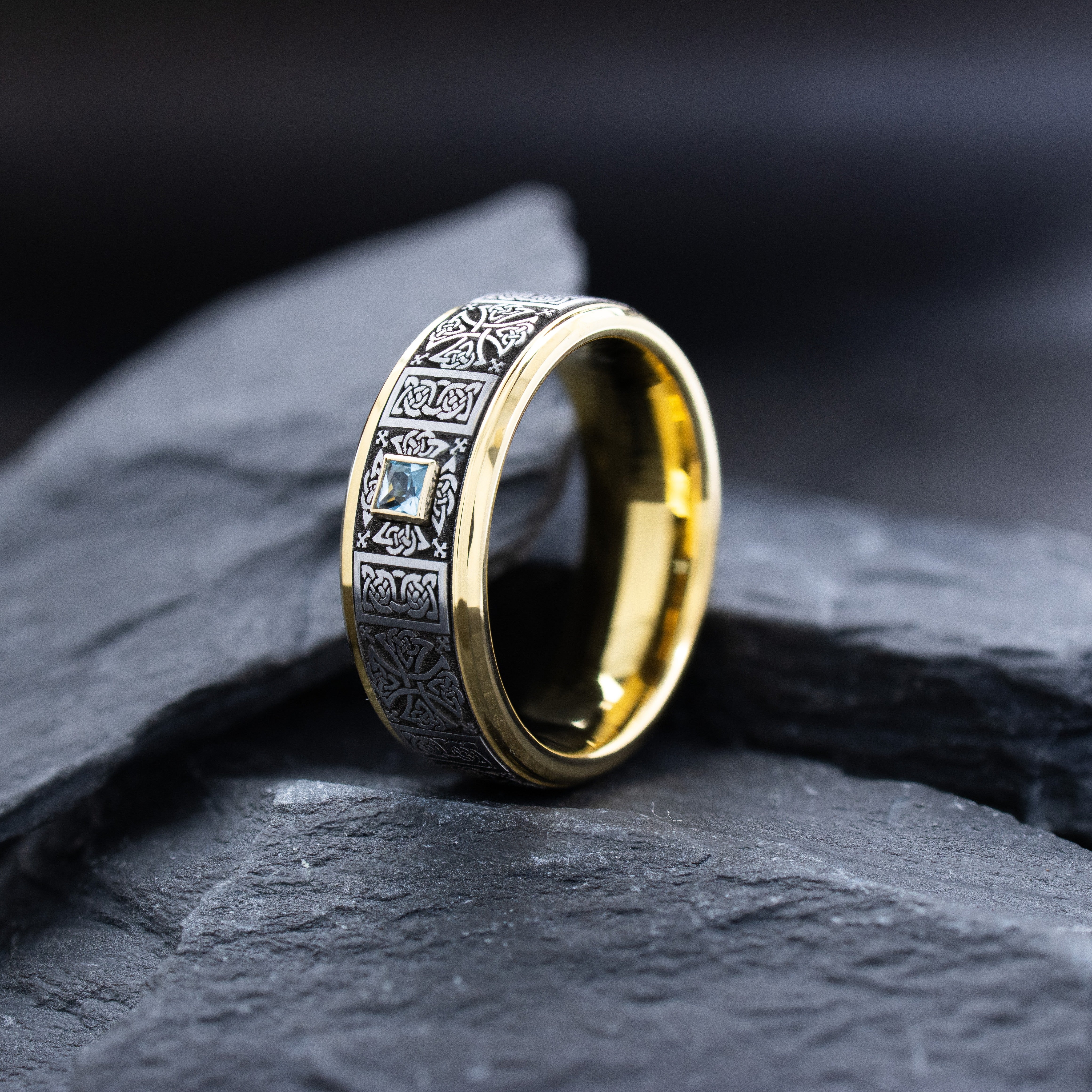 8mm Yellow Gold Deep Engraved Tungsten Carbide Ring with Gemstone and Celtic Patterns