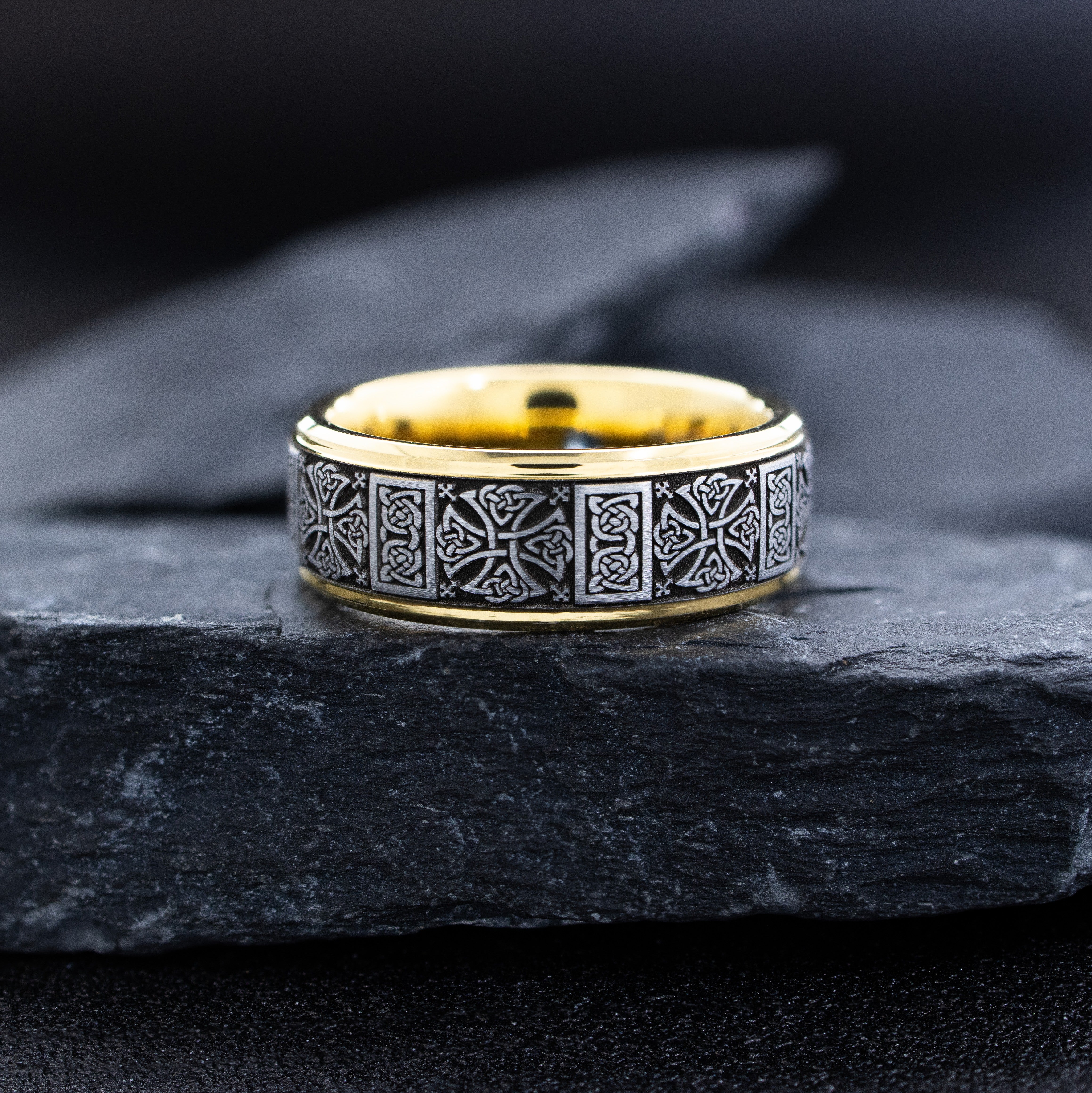 8mm Yellow Gold Deep Engraved Tungsten Carbide Ring with Gemstone and Celtic Patterns