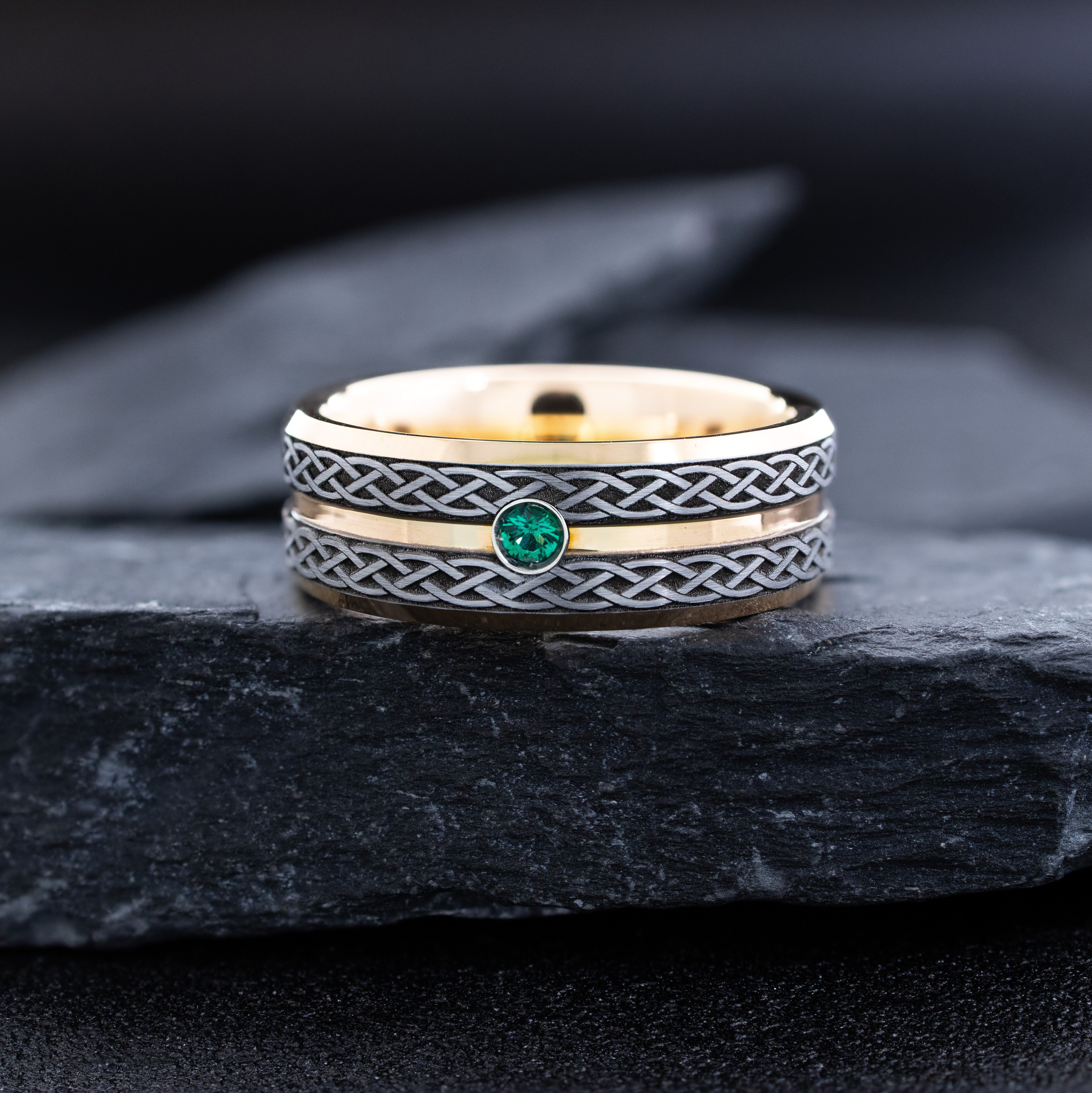 Rose Gold Plated 8mm Tungsten Carbide Ring with Deep Engraved Knots, Groove, and Gemstone