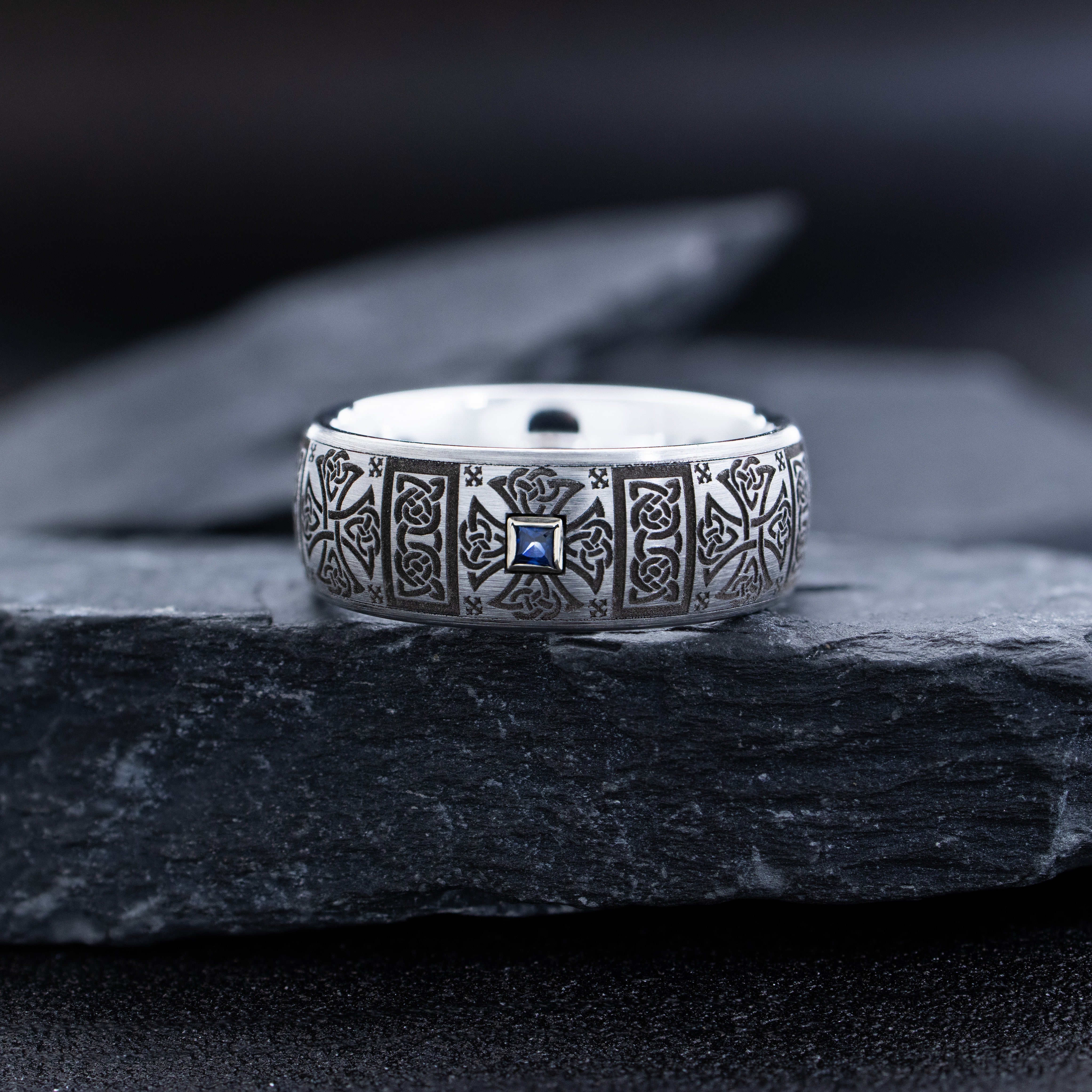 8mm Deep Engraved Tungsten Carbide Ring with Celtic Designs and Princess Cut Gemstone