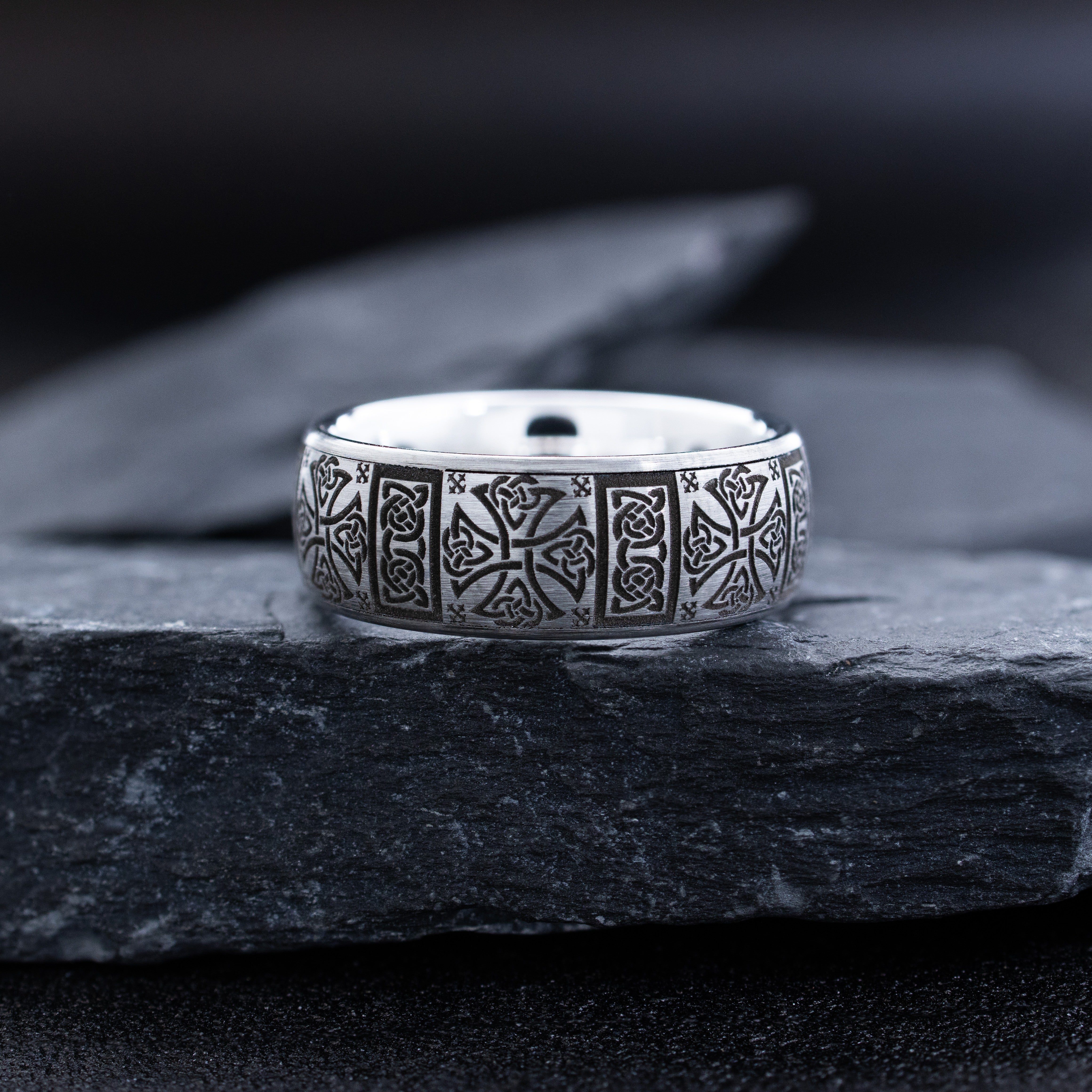 8mm Deep Engraved Tungsten Carbide Ring with Celtic Designs and Princess Cut Gemstone