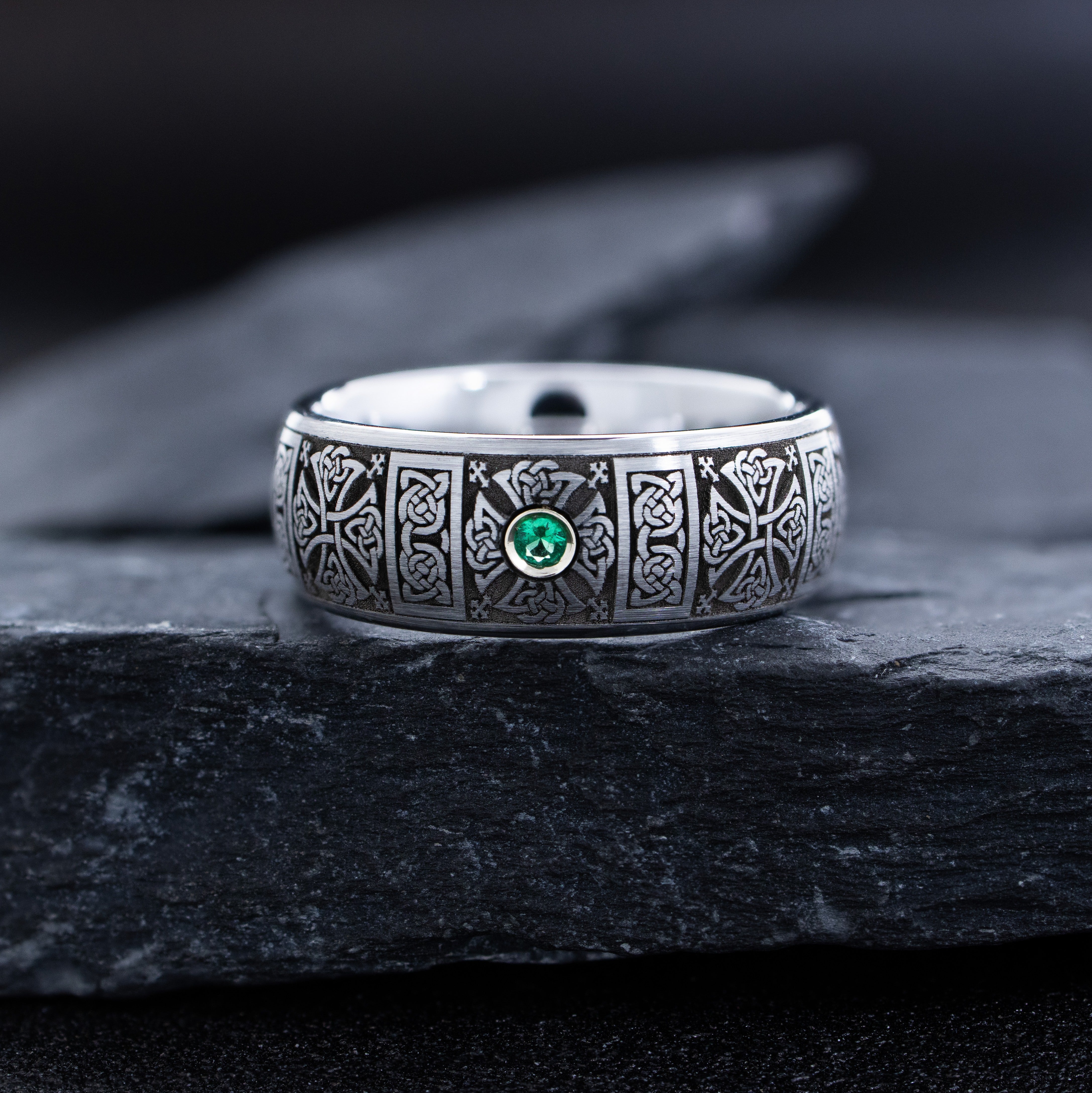 Deep Engraved Tungsten Carbide Ring with Irish Celtic Crosses and Round Cut Gemstone