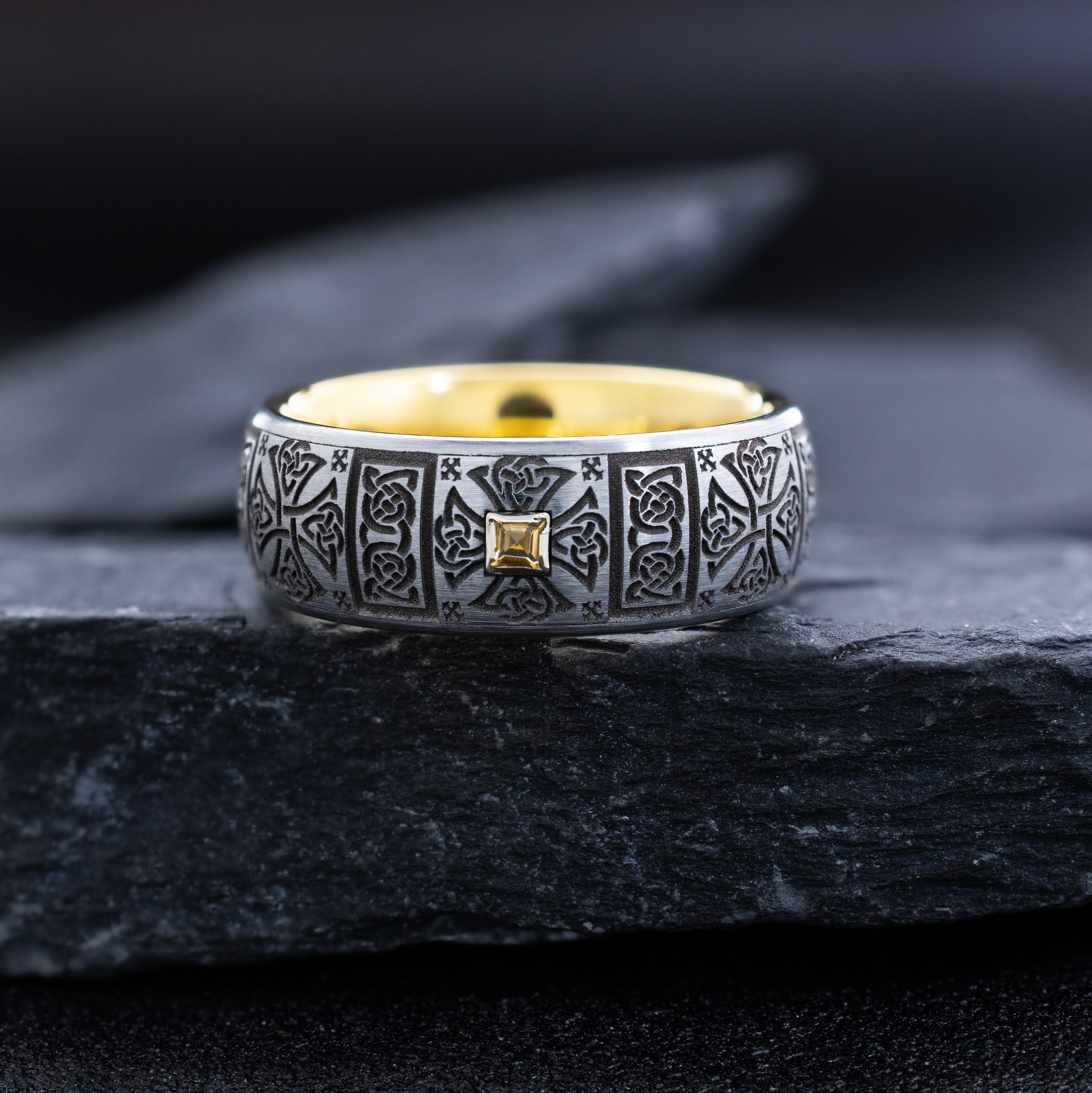Yellow Gold Plated 8mm Deep Engraved Tungsten Carbide Ring with Celtic Crosses and Princess Cut Gemstone