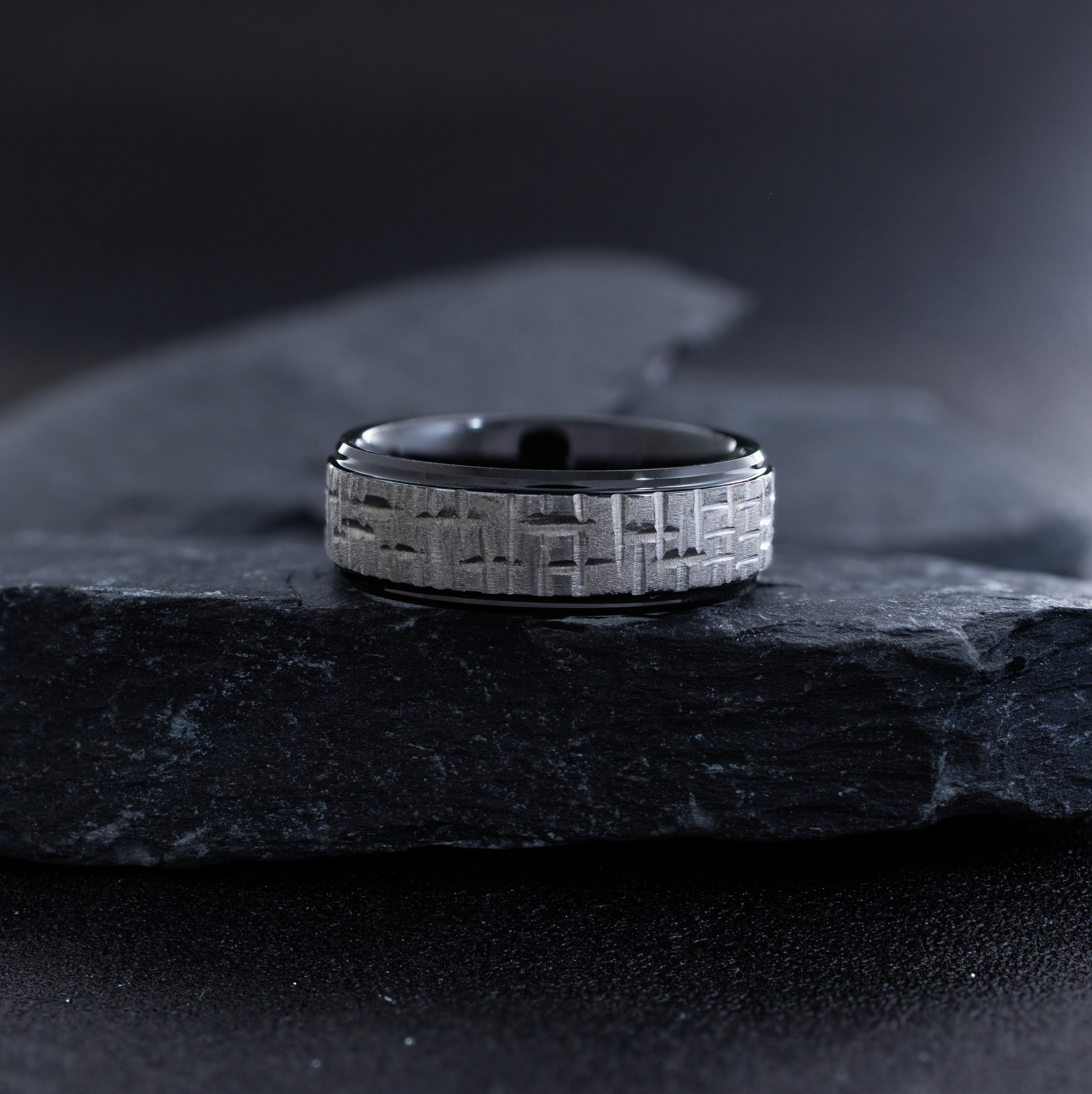 8mm Silver and Black Tungsten Carbide Ring with Geometric Cut Pattern