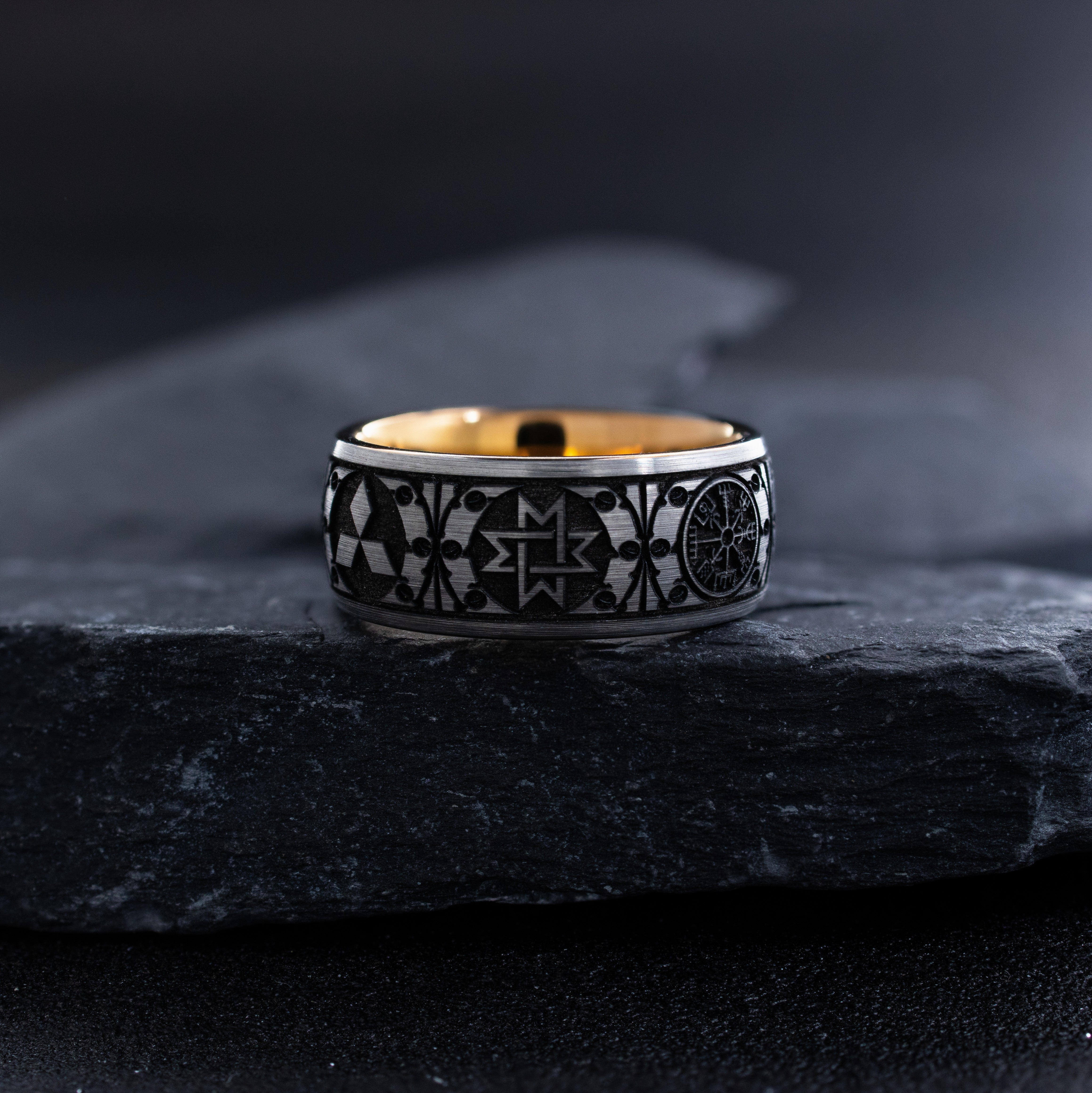 8mm Rose Gold Plated Tungsten Carbide Ring with Engraved Norse Viking Symbols and Runes