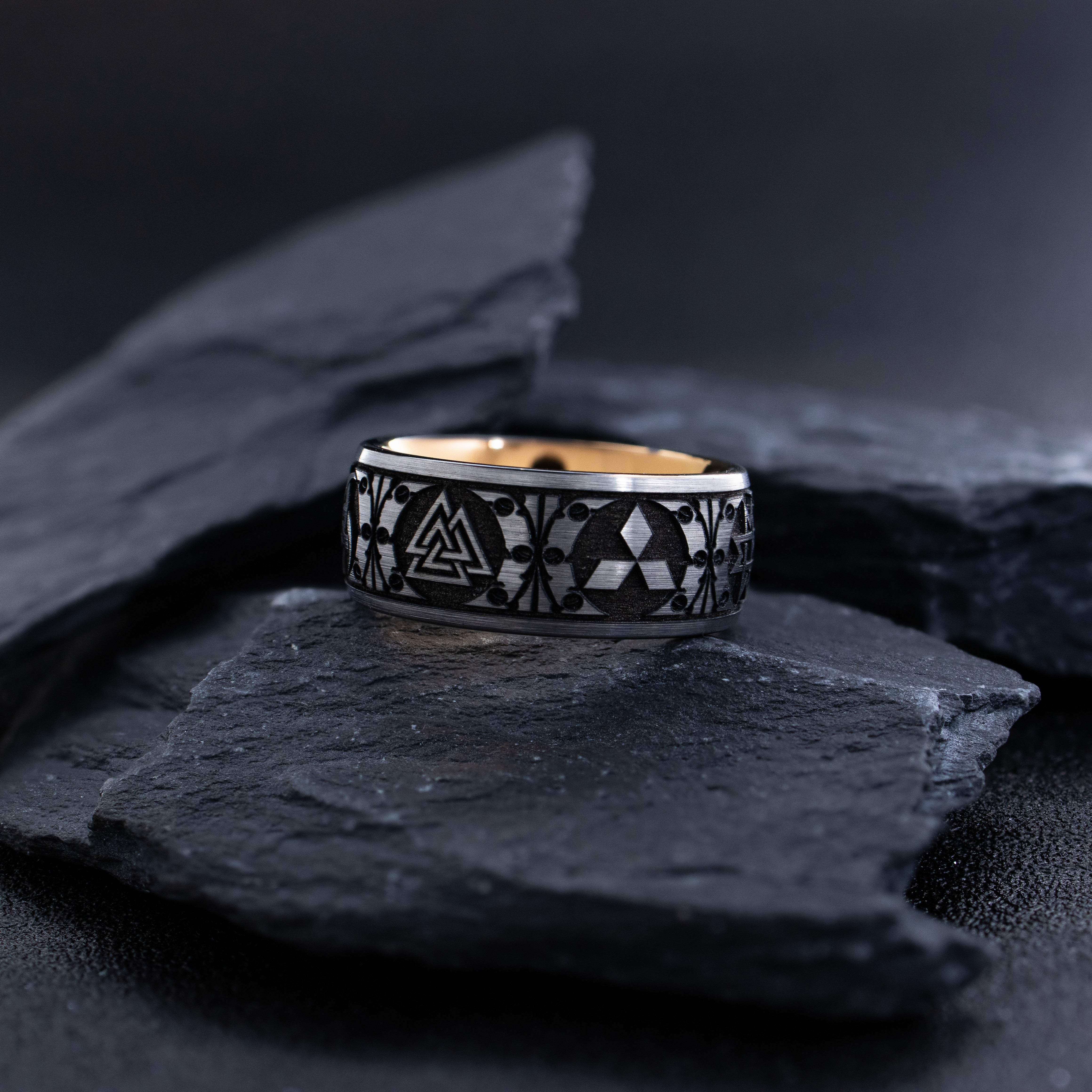 8mm Rose Gold Plated Tungsten Carbide Ring with Engraved Norse Viking Symbols and Runes