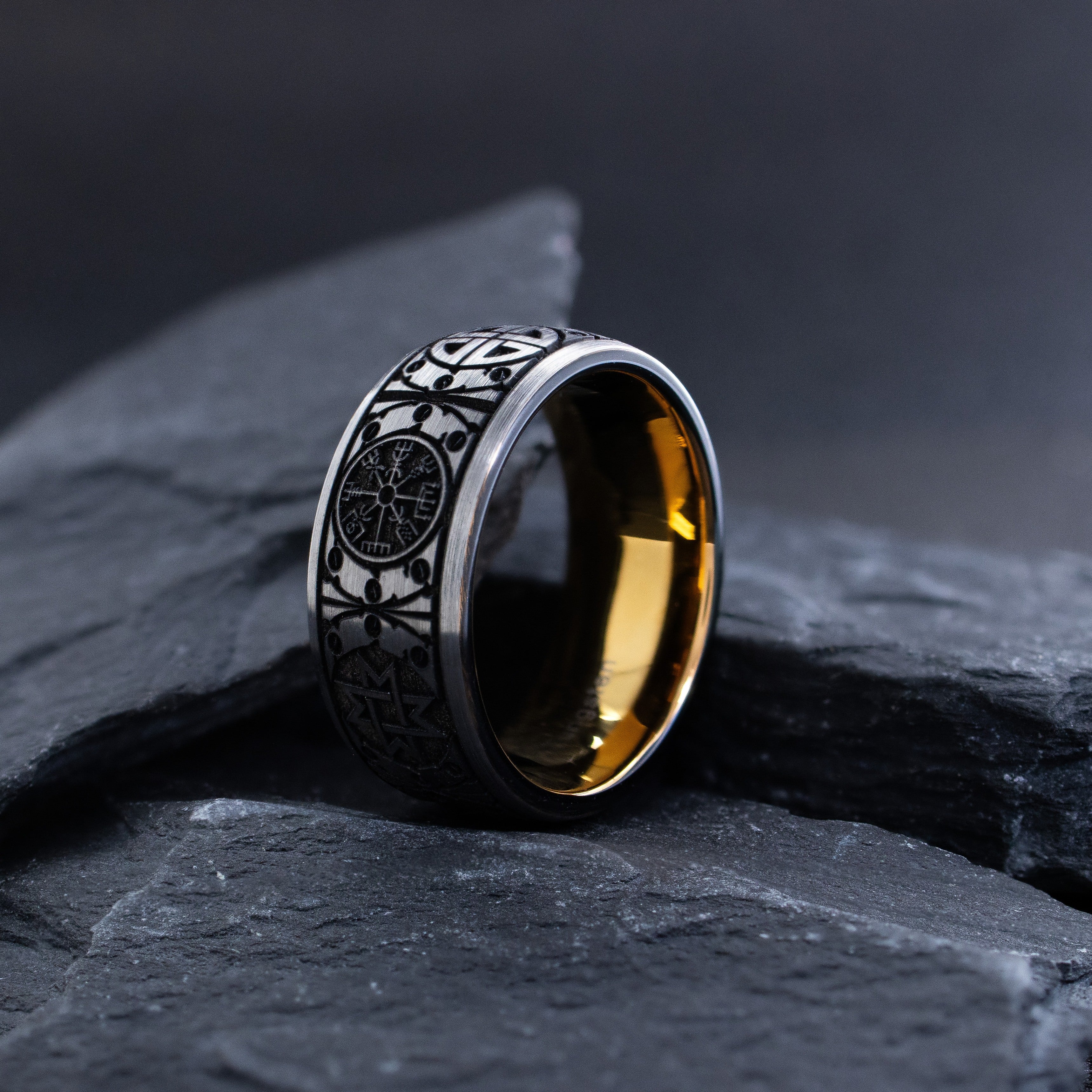 8mm Rose Gold Plated Tungsten Carbide Ring with Engraved Norse Viking Symbols and Runes